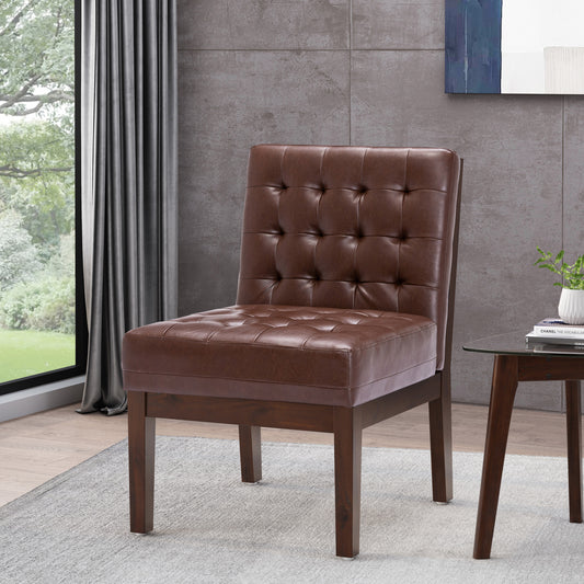 Tufted brown faux leather accent chair with dark wood legs perfect for living rooms