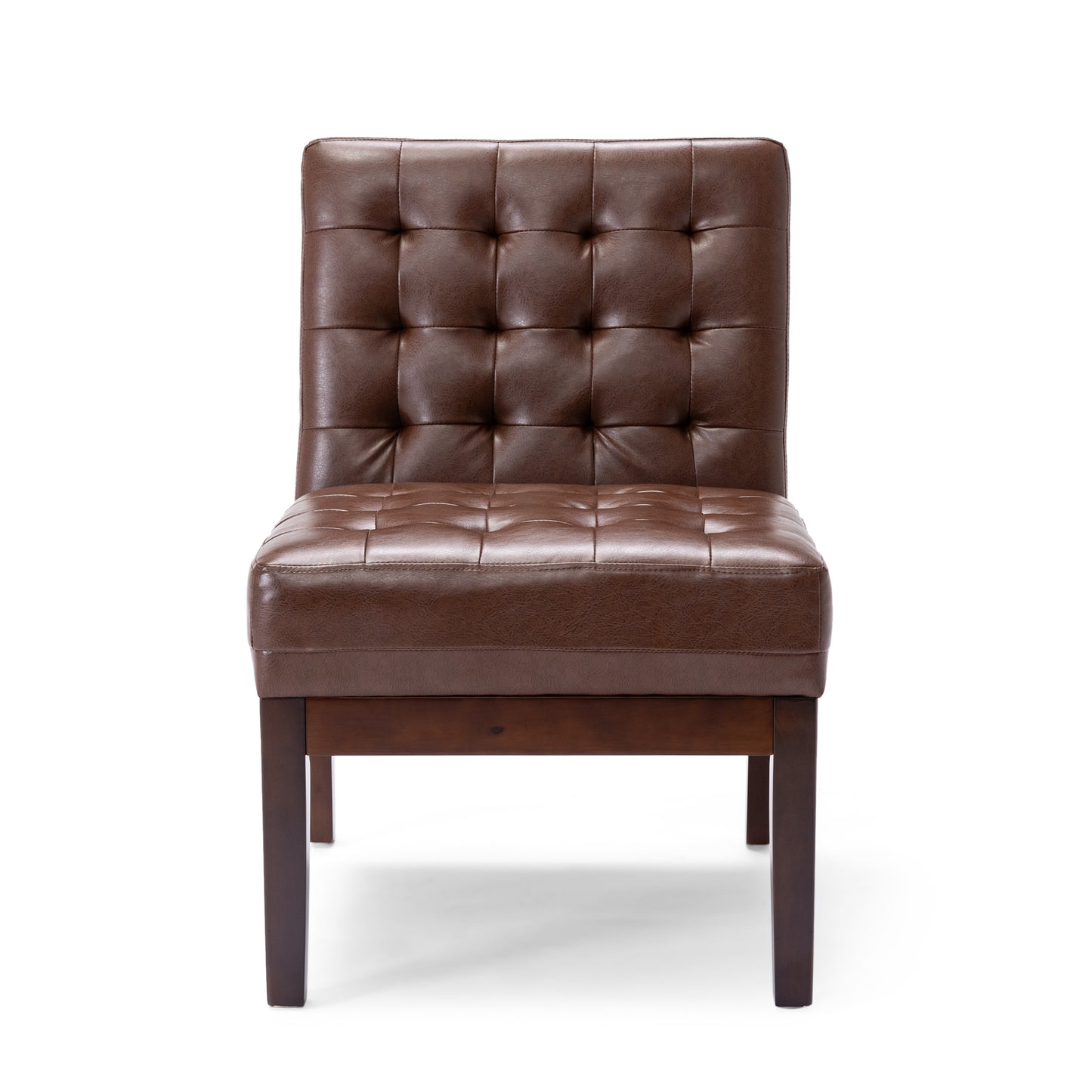 Tufted brown faux leather accent chair with square seat and back perfect for living rooms