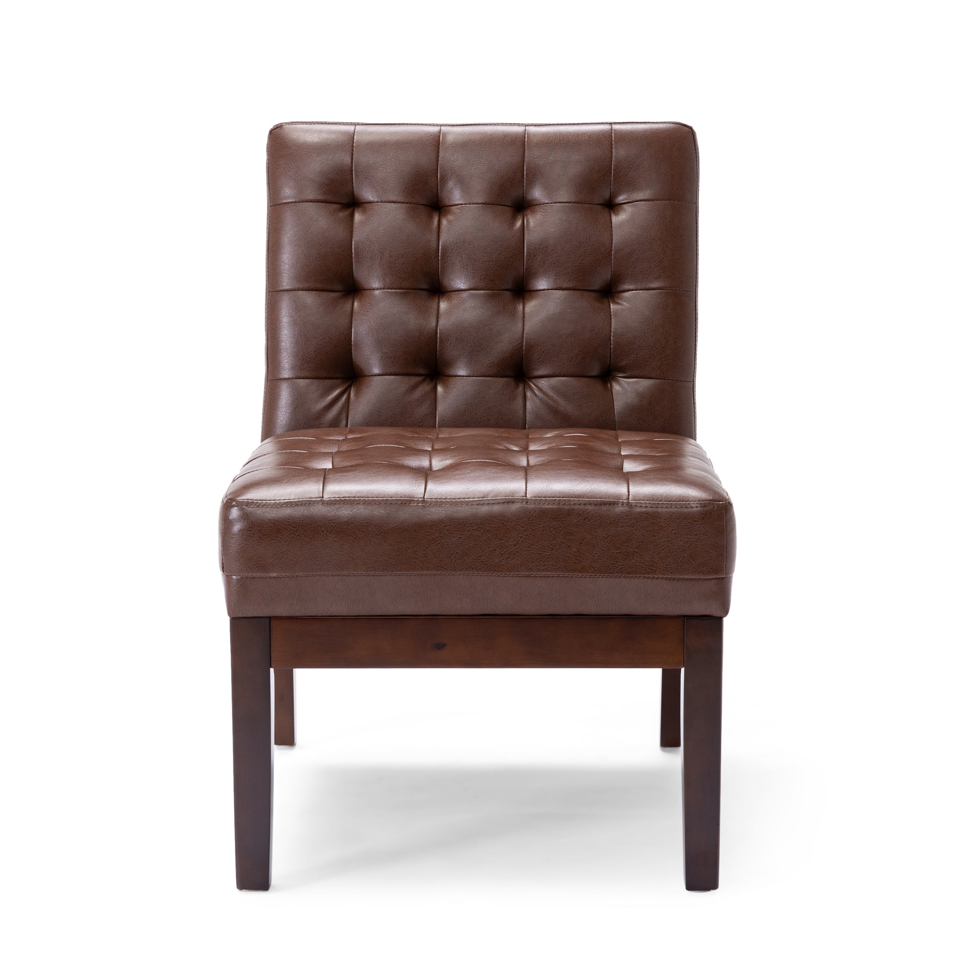 Tufted brown faux leather accent chair with square seat and back perfect for living rooms