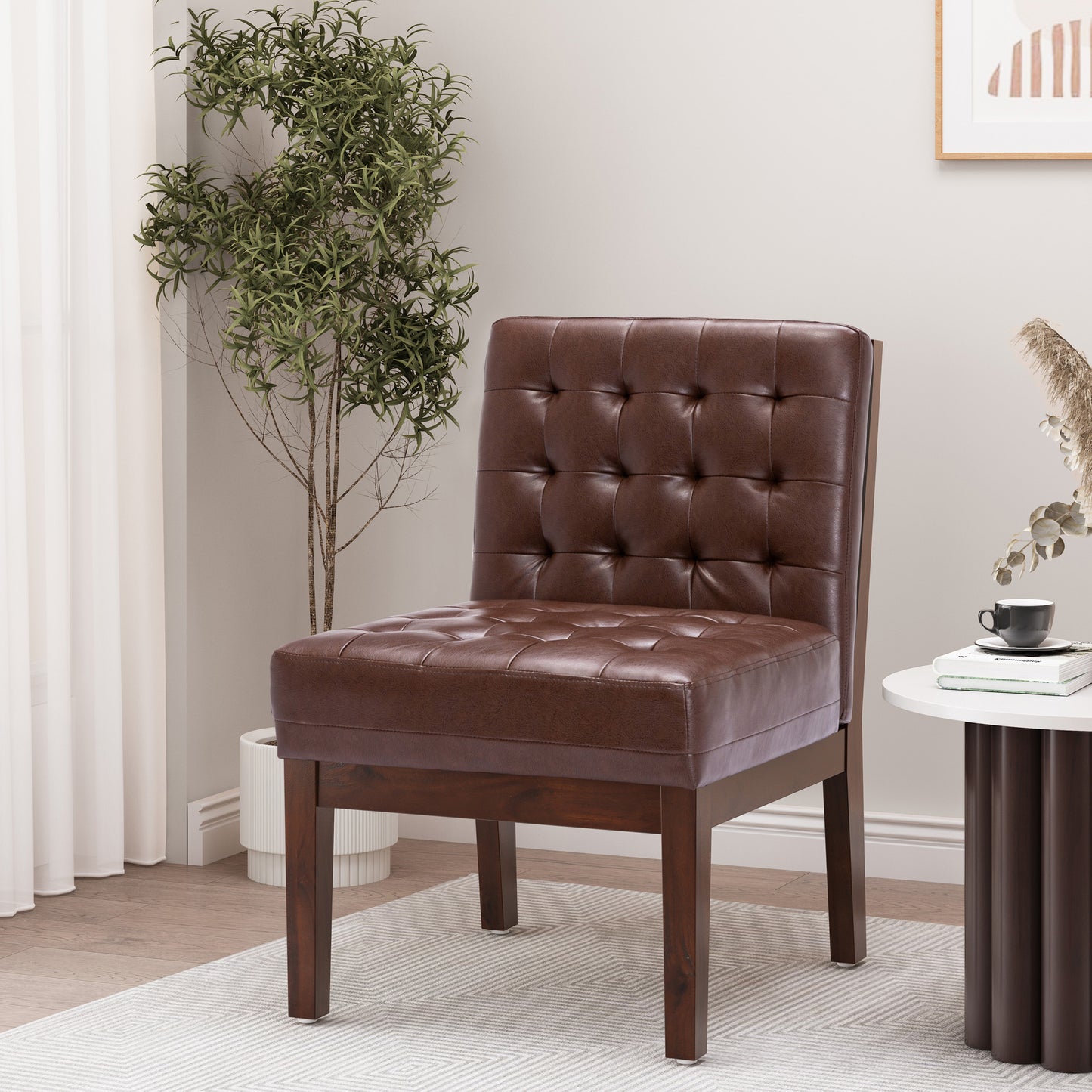 Tufted brown faux leather accent chair with dark wood frame ideal for modern living rooms