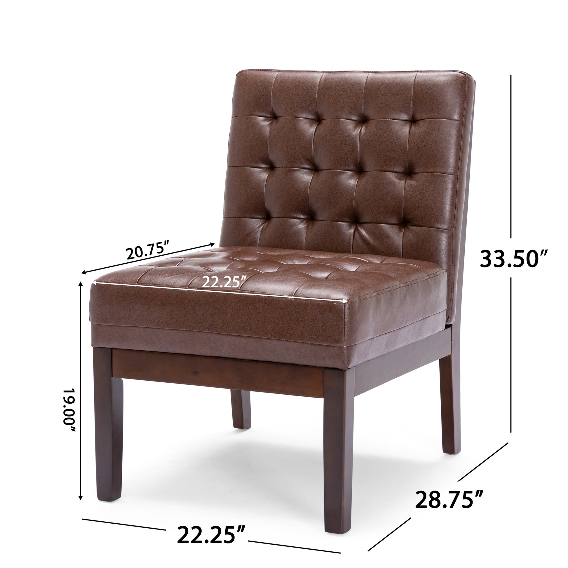 Brown faux leather accent chair with tufted back and seat