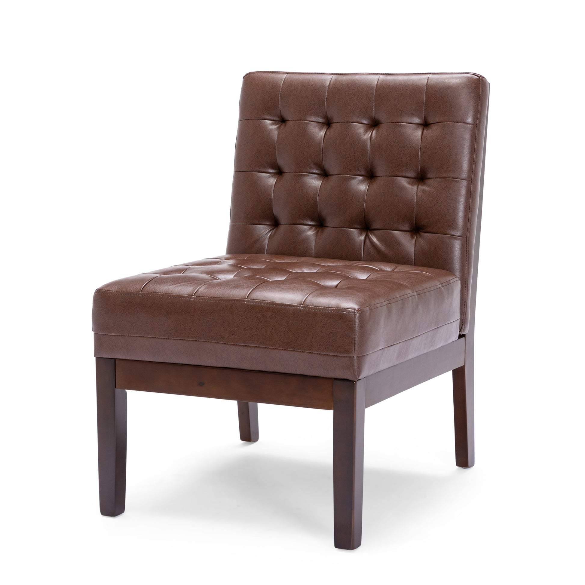 Brown tufted faux leather accent chair with dark wood legs for living room comfort