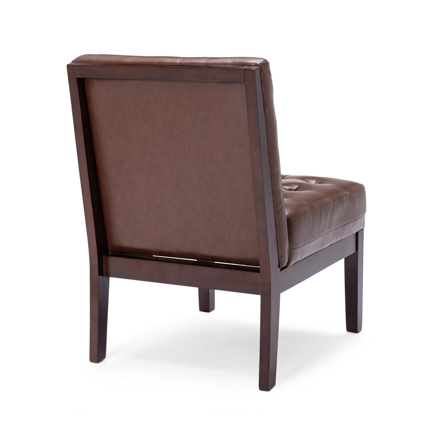 Brown tufted leather armchair with dark wood frame view from the back