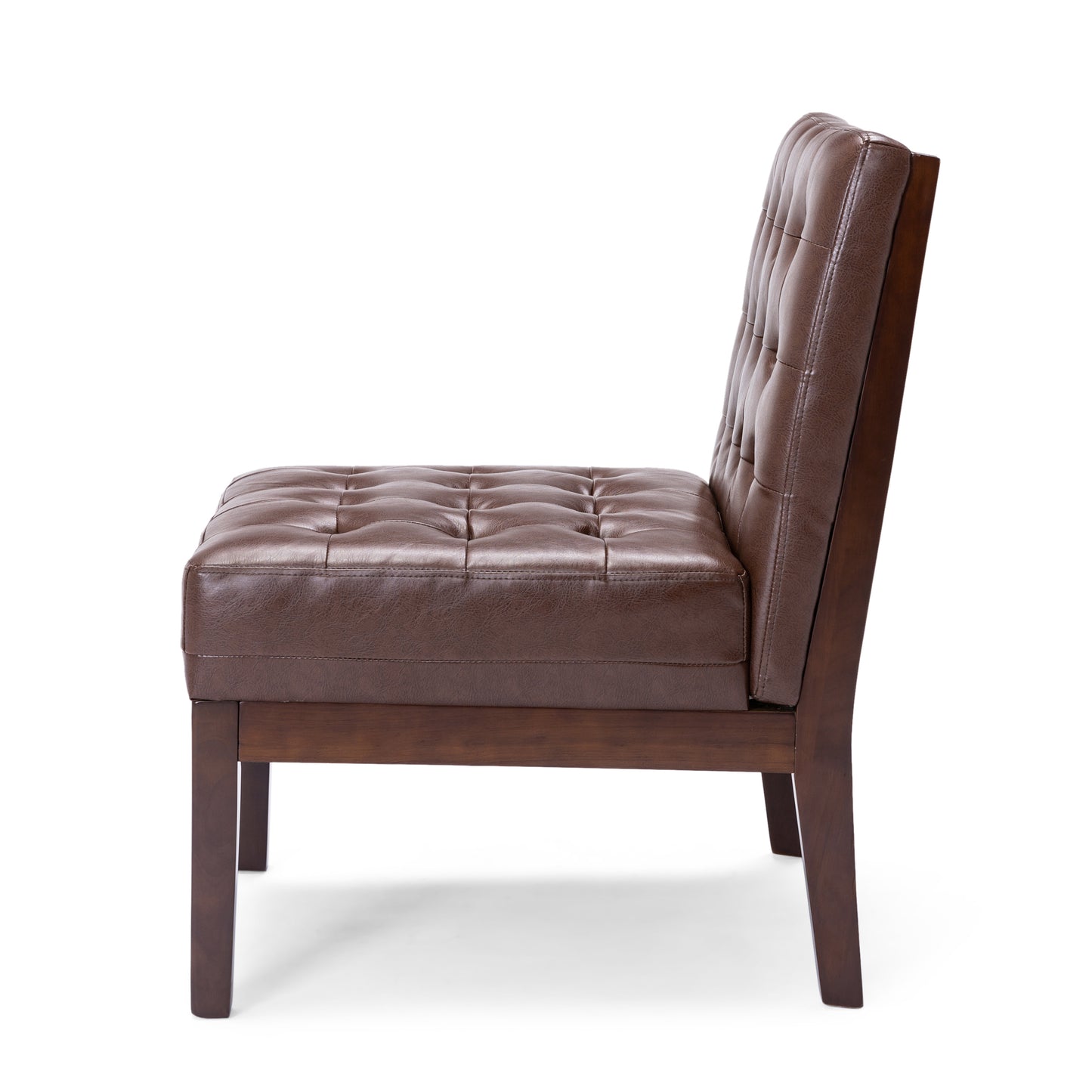 Tufted brown leather accent chair with dark wood frame and square legs