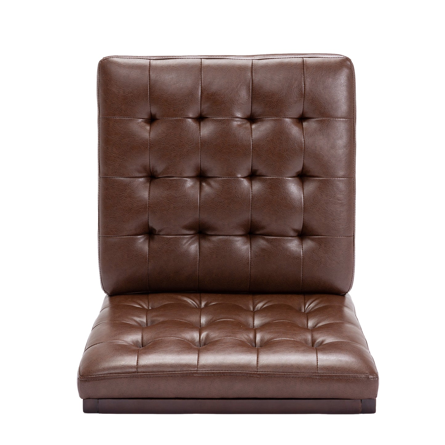 Tufted brown faux leather dining chair with button details and square seat