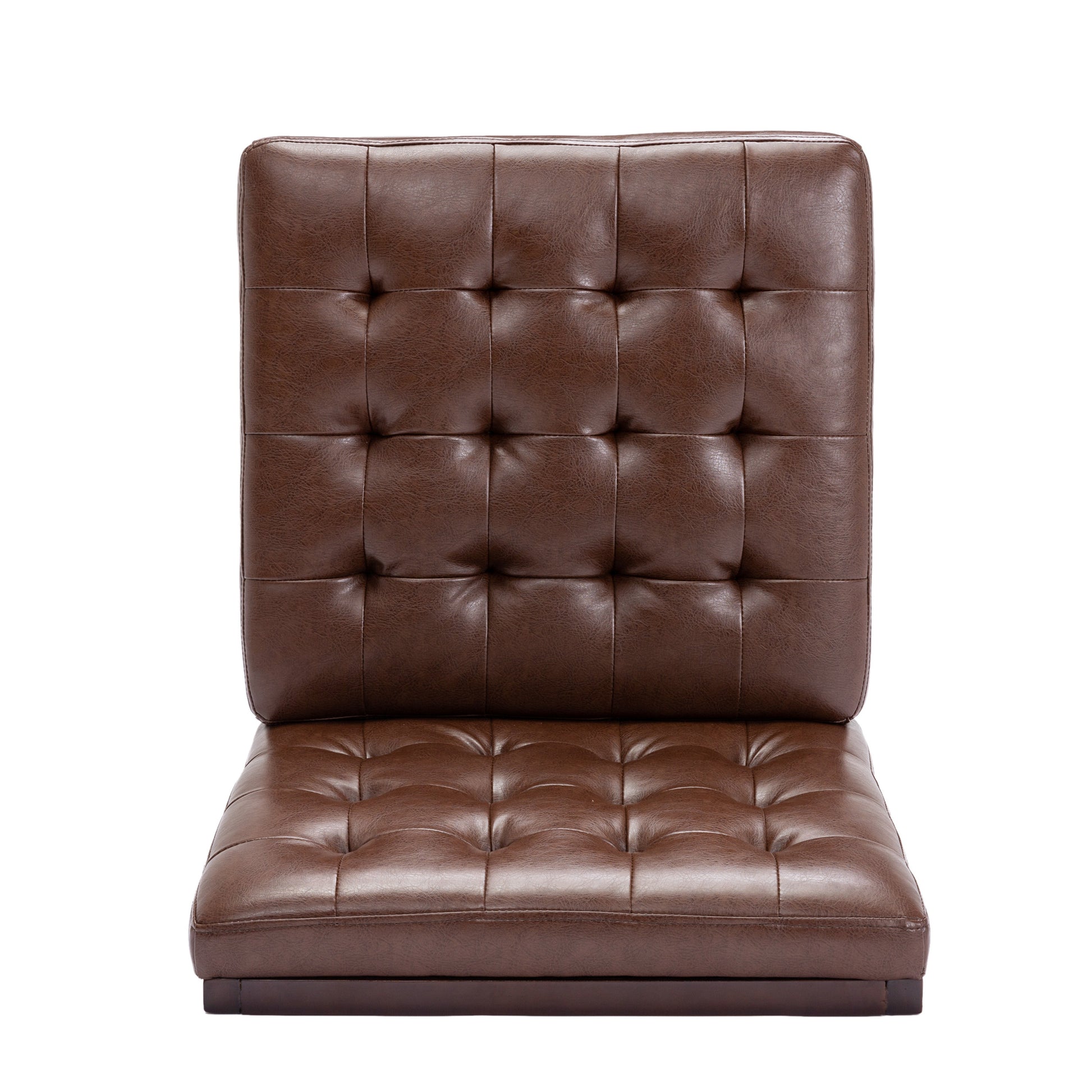 Tufted brown faux leather dining chair with button details and square seat