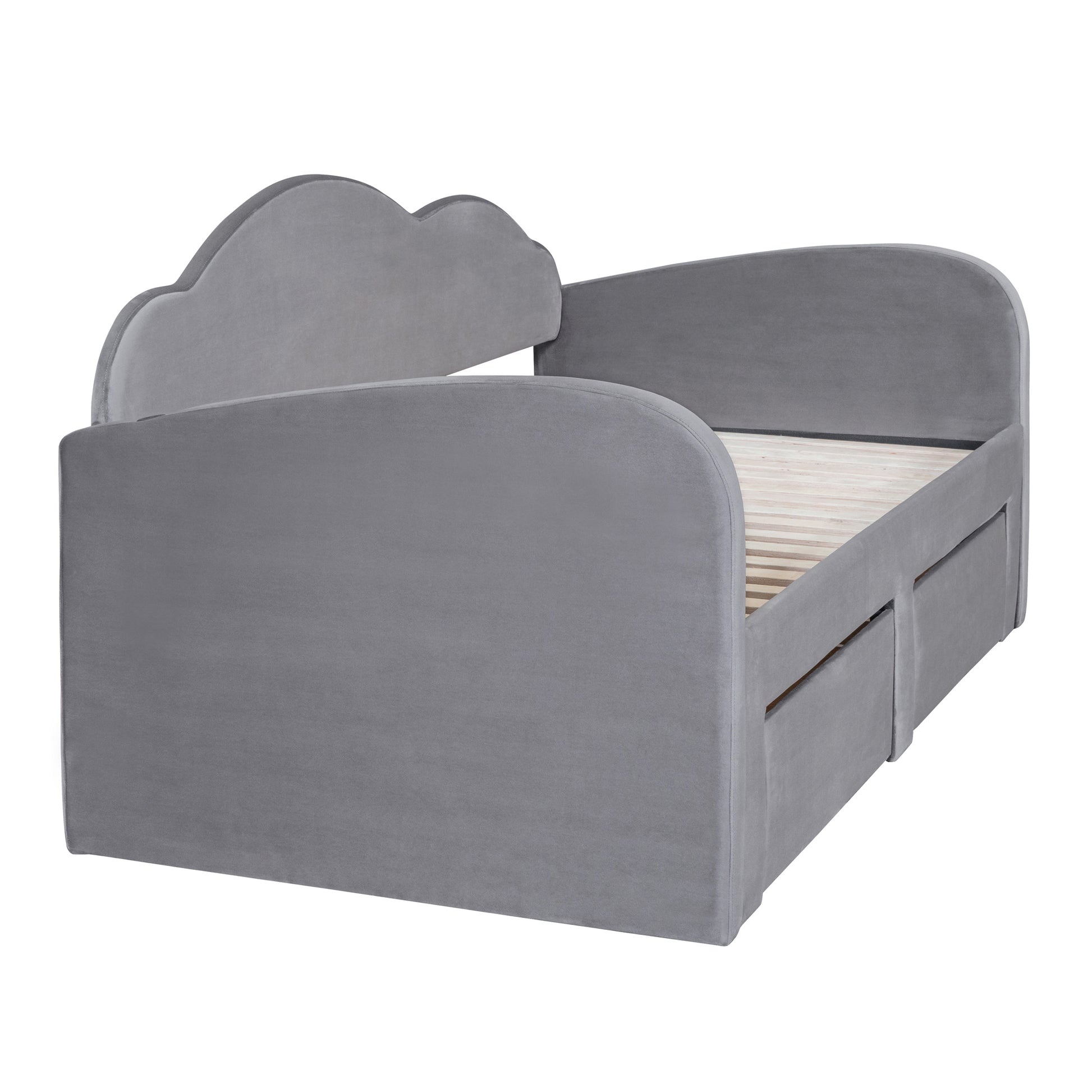 Grey velvet cloudshaped toddler bed with integrated storage drawers
