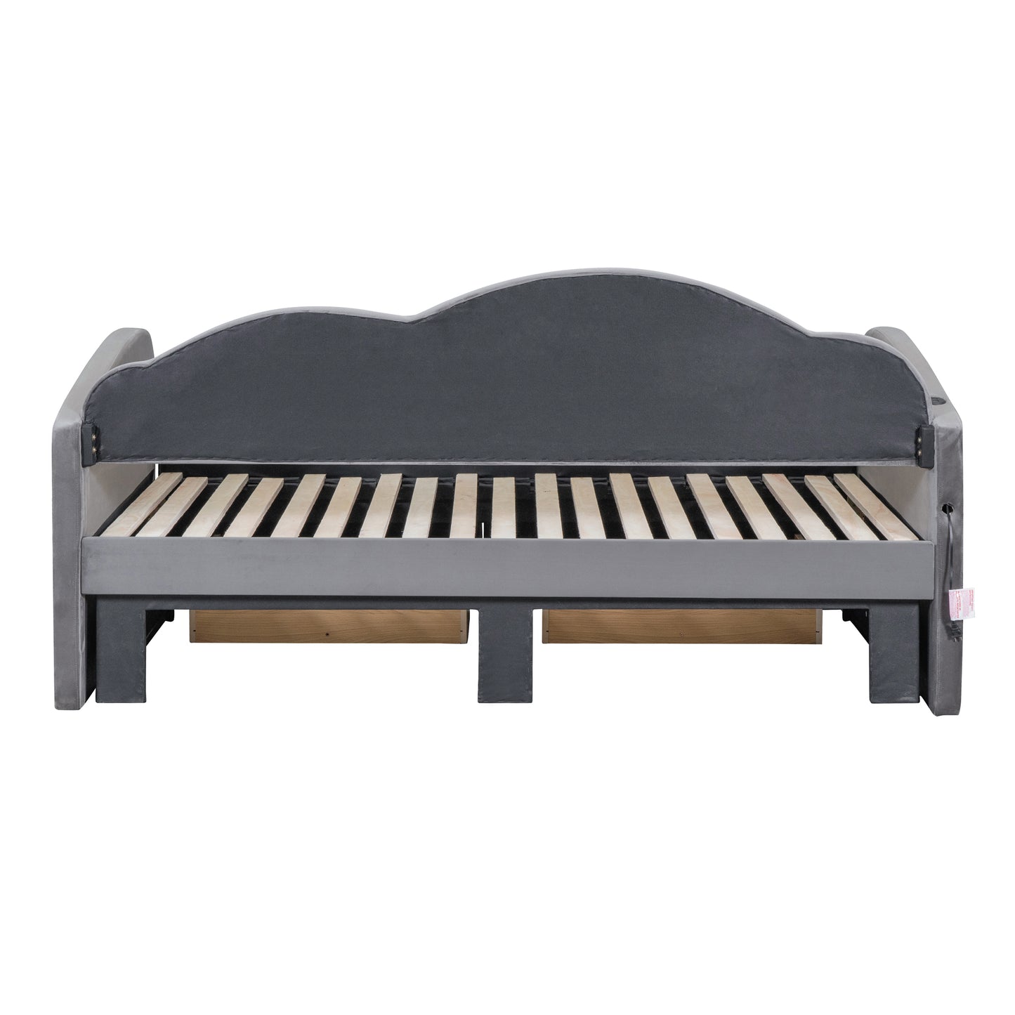 Gray velvet daybed with slatted wood base and storage drawers