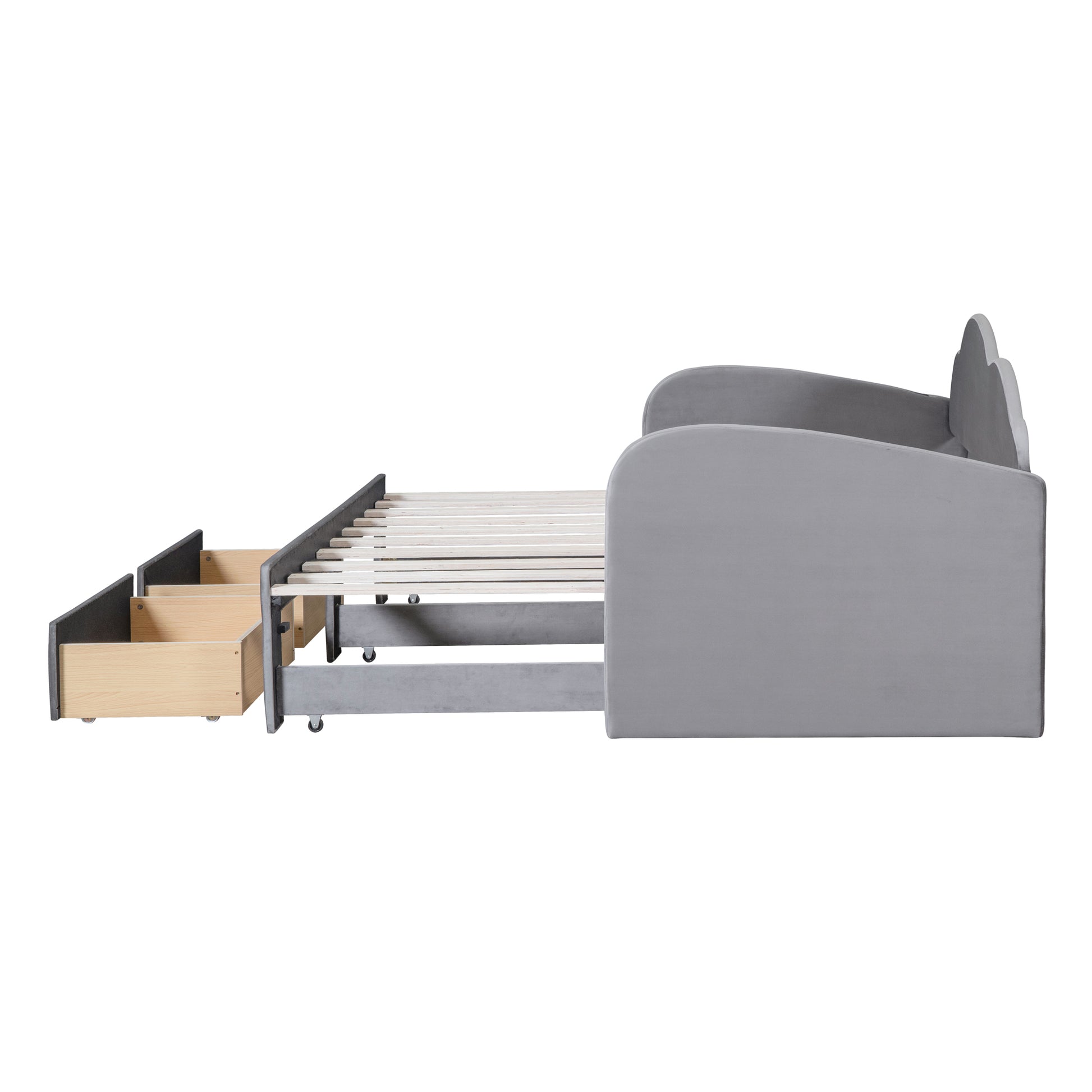 Gray upholstered daybed with pullout drawers and slatted frame for easy setup