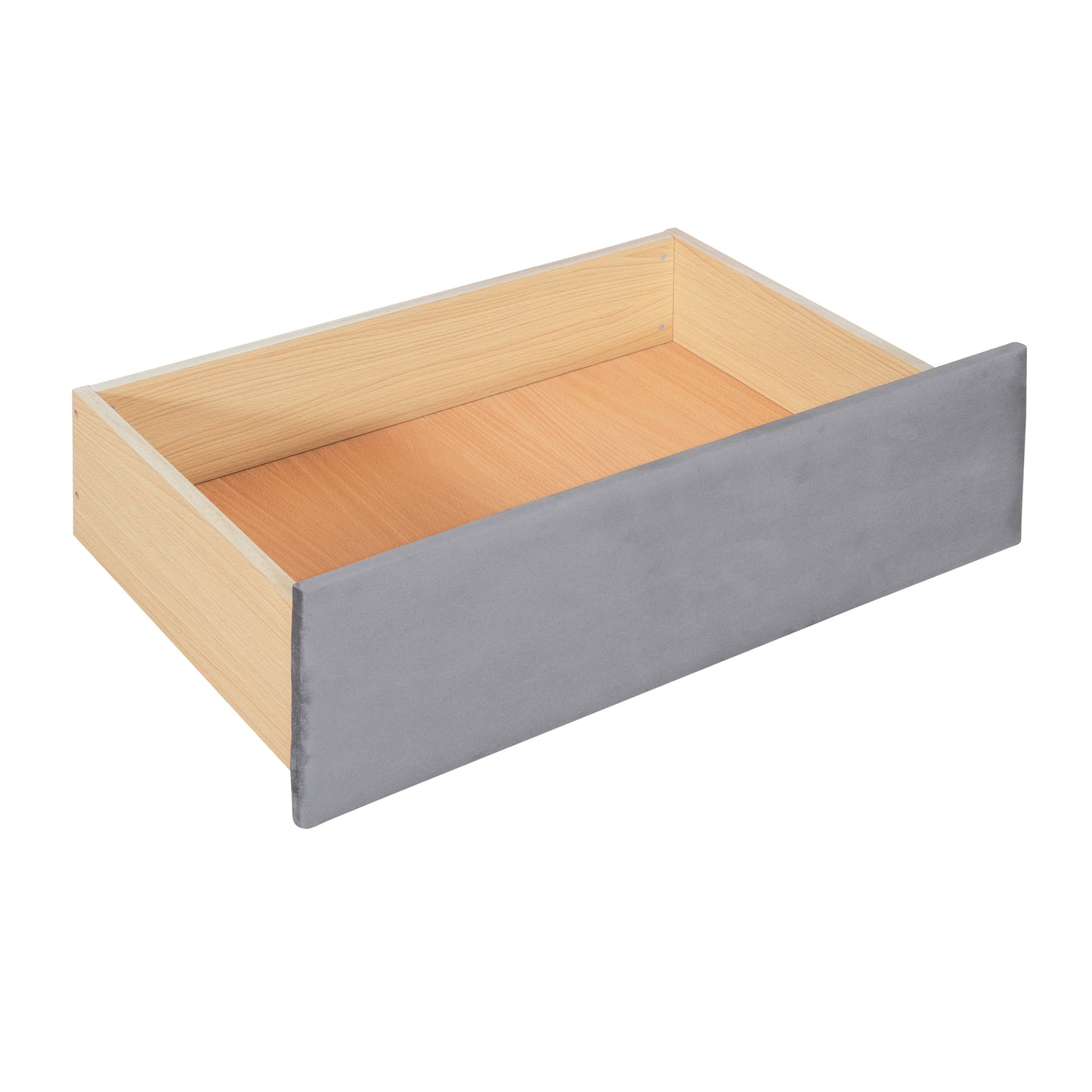 Wooden drawer with gray velvet front panel perfect for bedroom storage