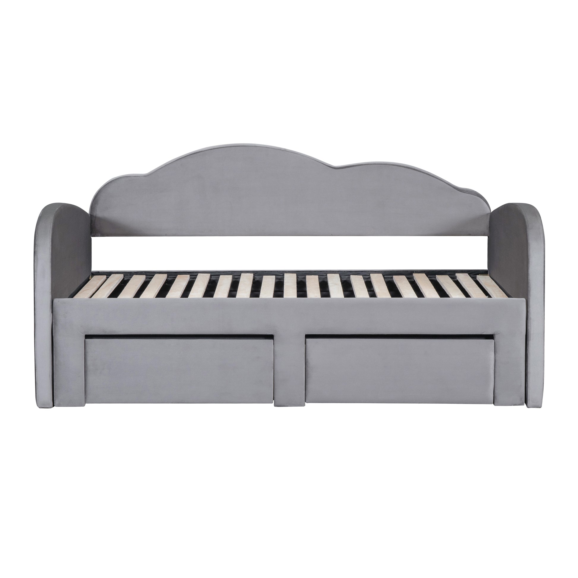 Grey velvet daybed with cloudshaped headboard and two storage drawers underneath