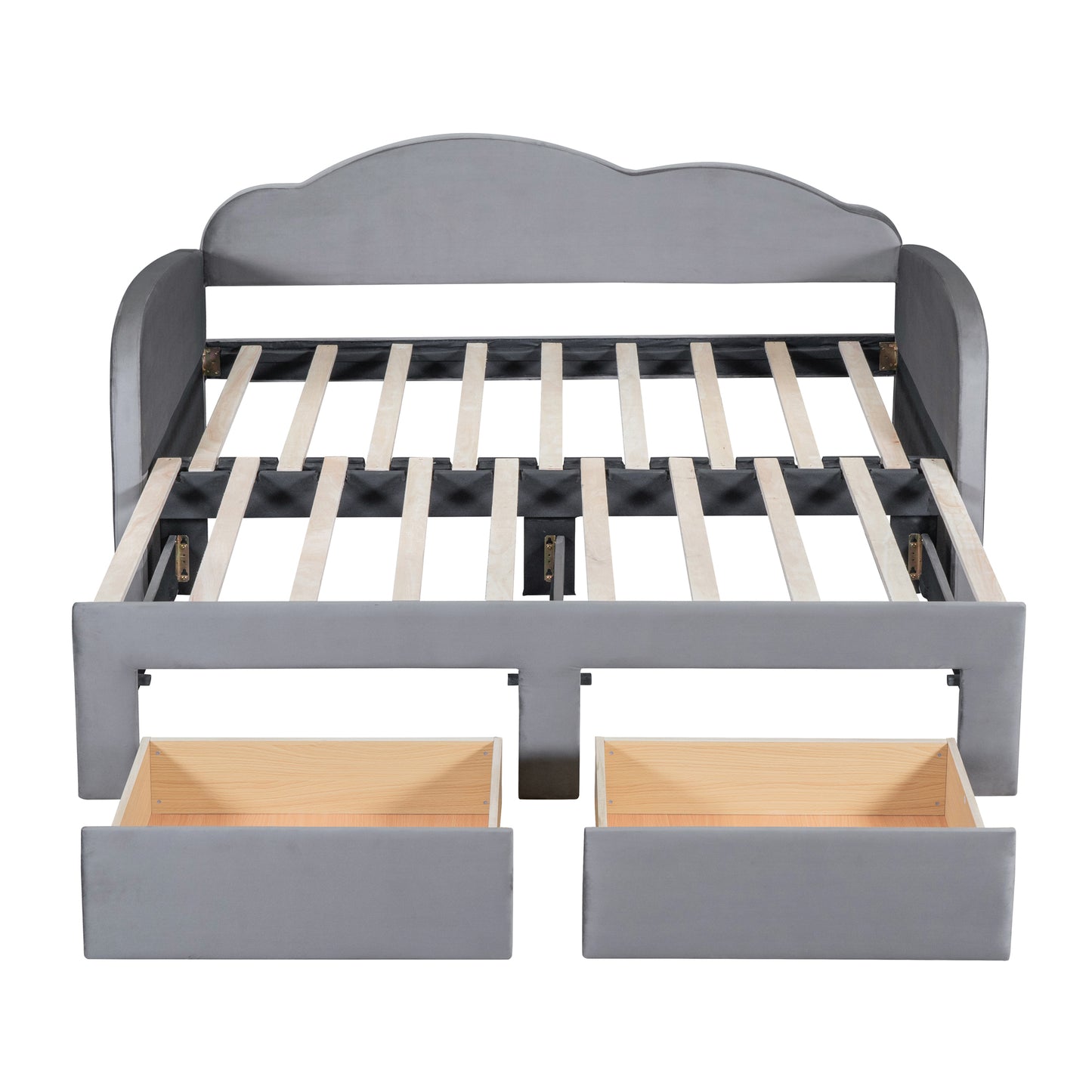 Gray velvet bed frame with cloudshaped headboard and two pullout storage drawers