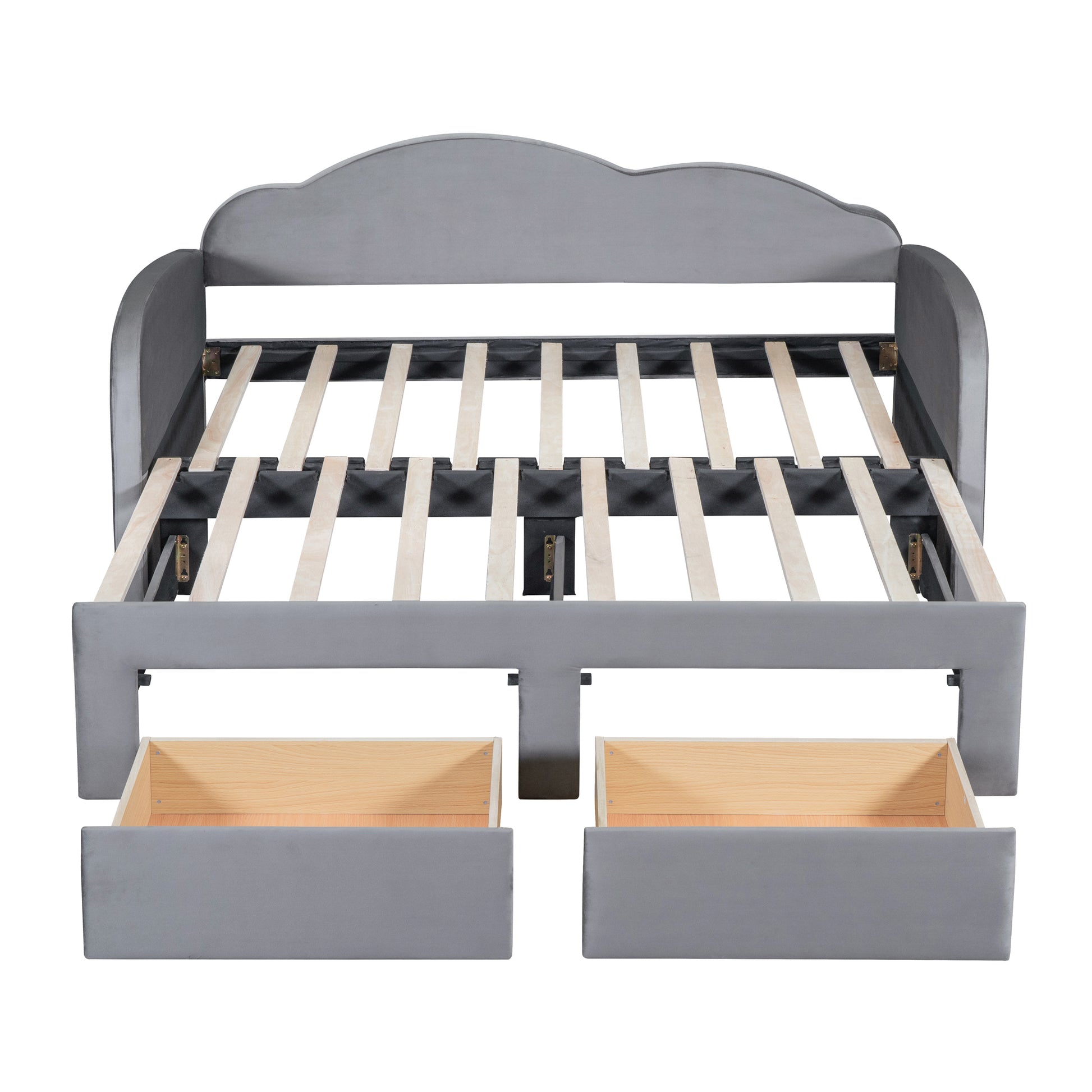 Gray velvet bed frame with cloudshaped headboard and two pullout storage drawers