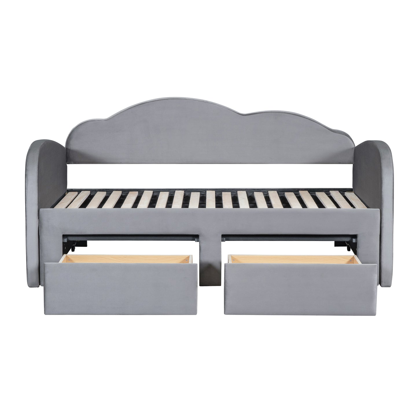 Grey velvet daybed with cloudshaped headboard and two storage drawers