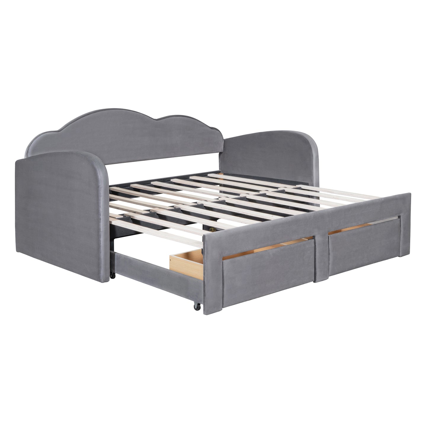 Grey velvet daybed with pullout trundle and storage drawers