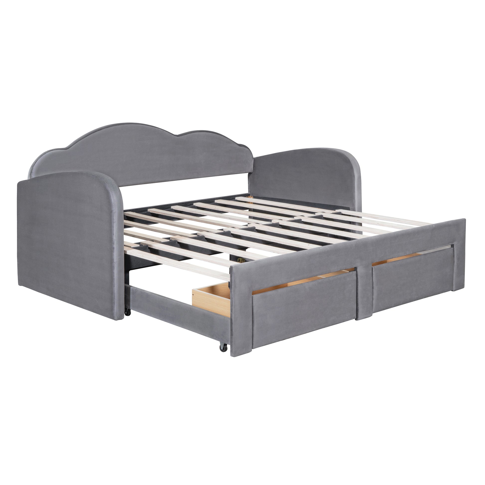 Grey velvet daybed with pullout trundle and storage drawers