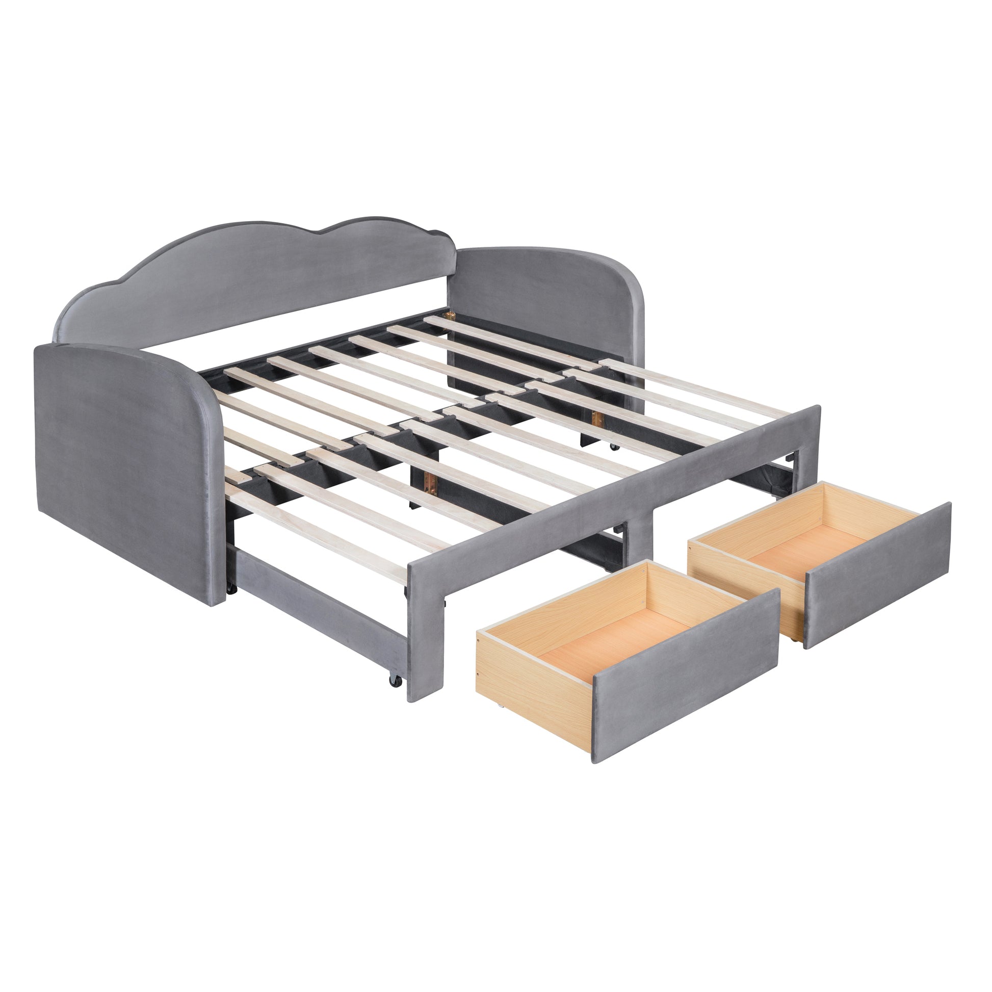 Gray velvet daybed frame with open storage drawers and wooden slats