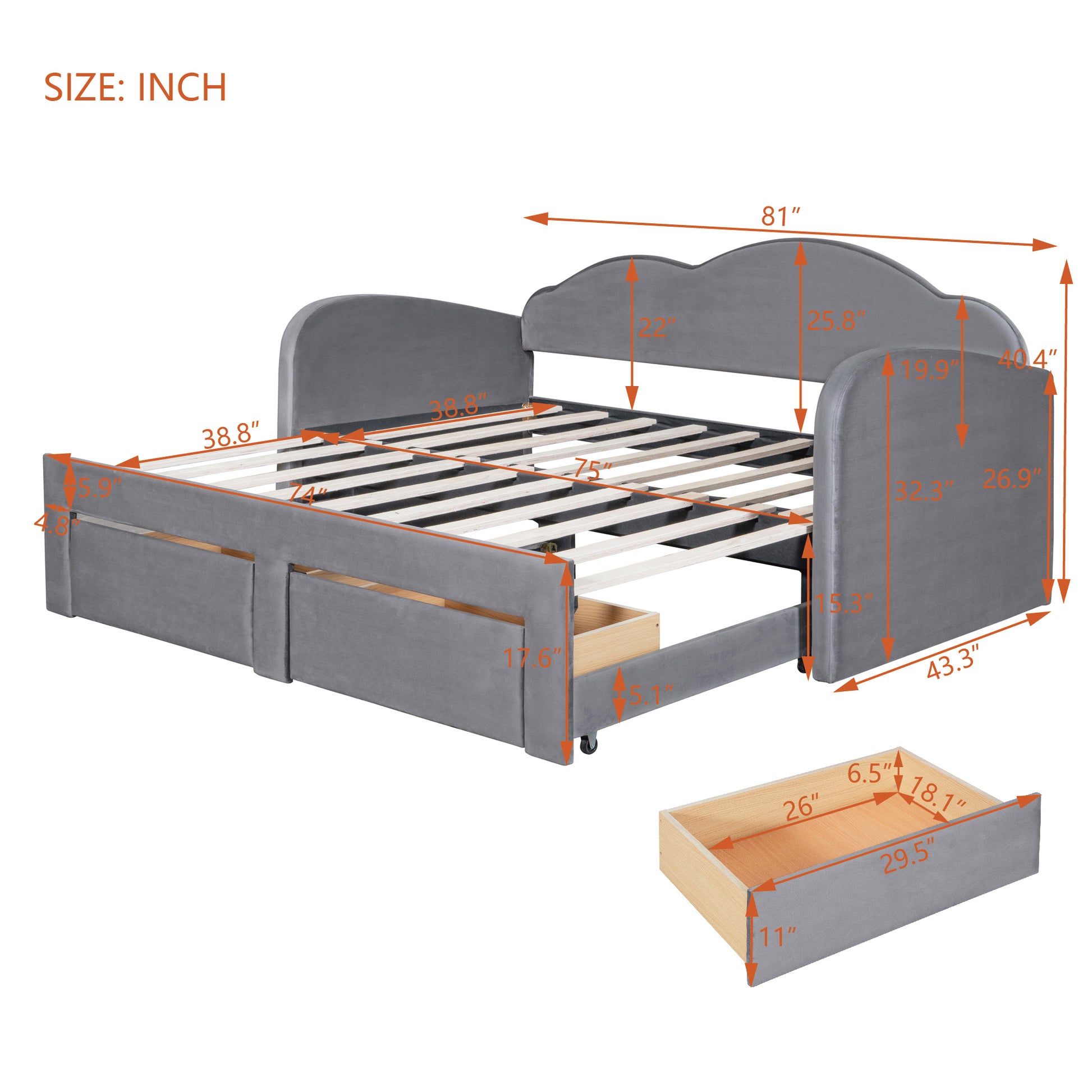 Gray upholstered daybed with pullout trundle and storage drawers dimensions shown