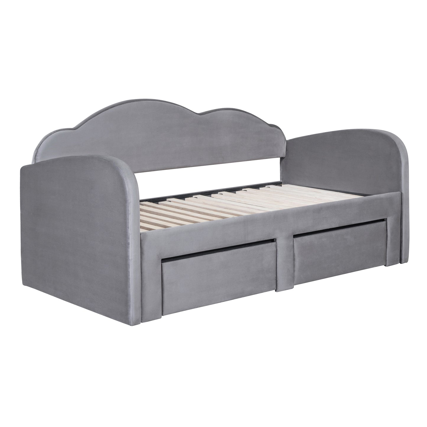 Grey velvet daybed with scalloped headboard and two storage drawers