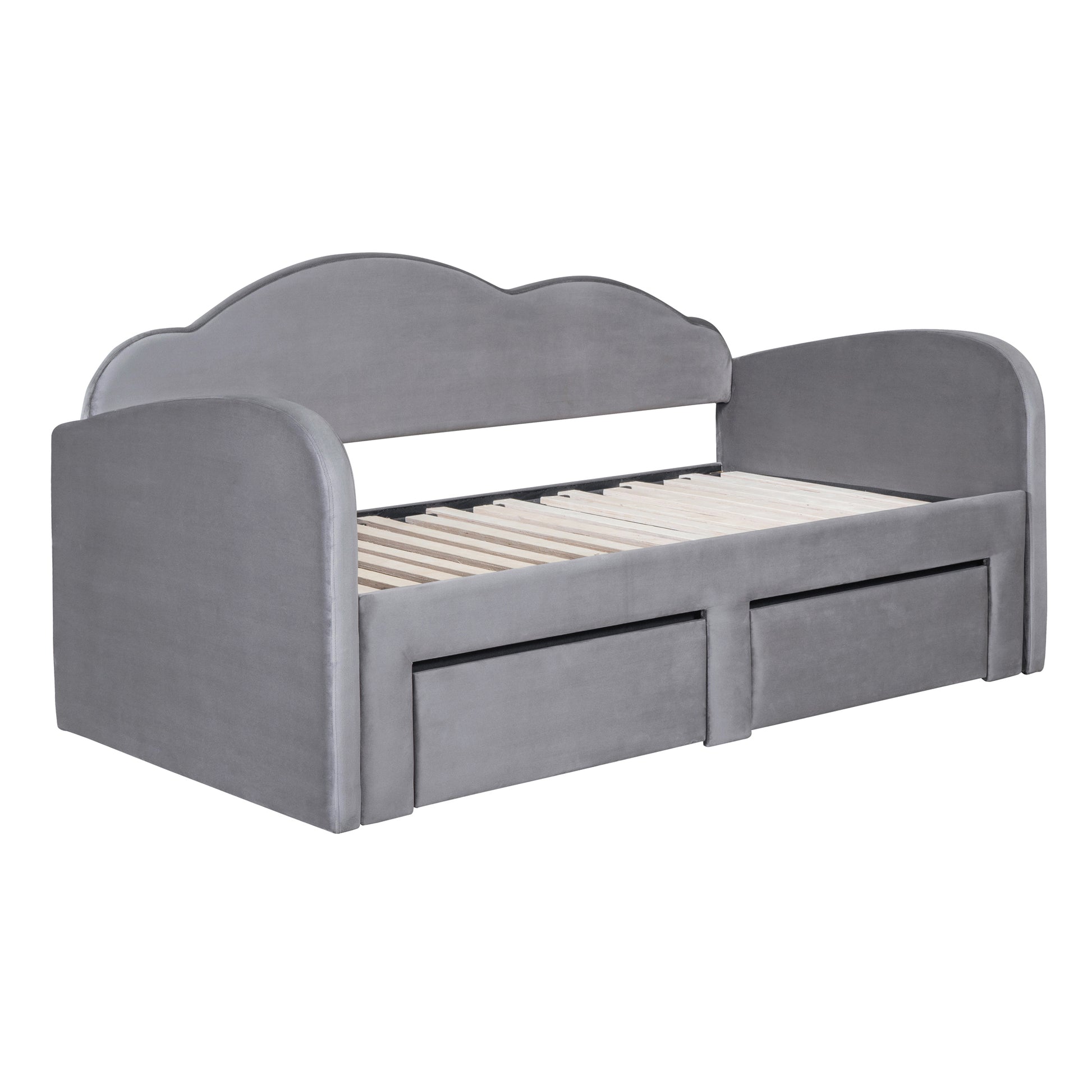 Grey velvet daybed with scalloped headboard and two storage drawers