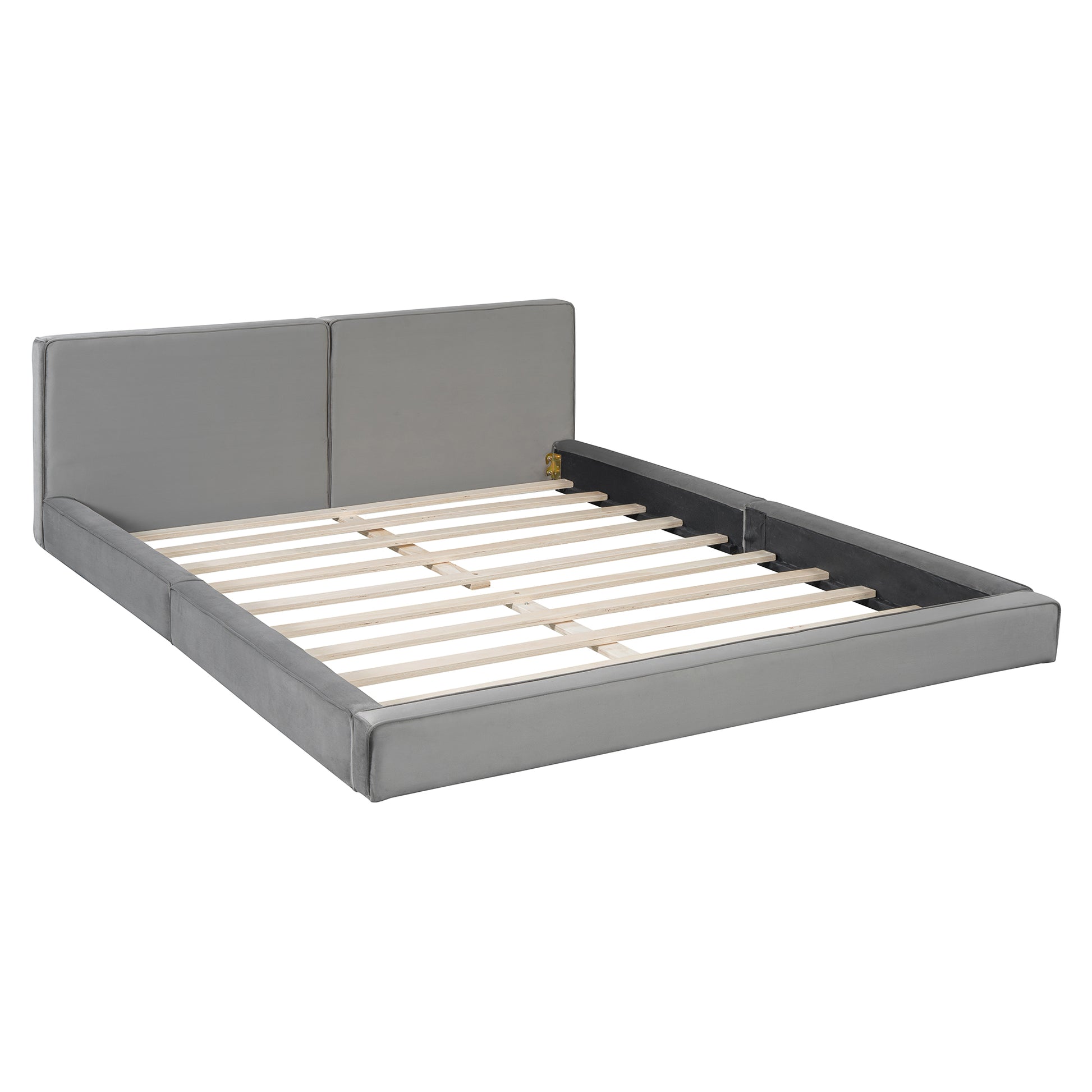 Gray upholstered platform bed frame with wooden slats