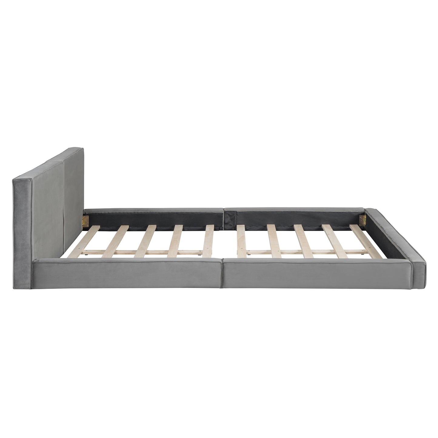 Grey velvet upholstered platform bed frame with wooden slats