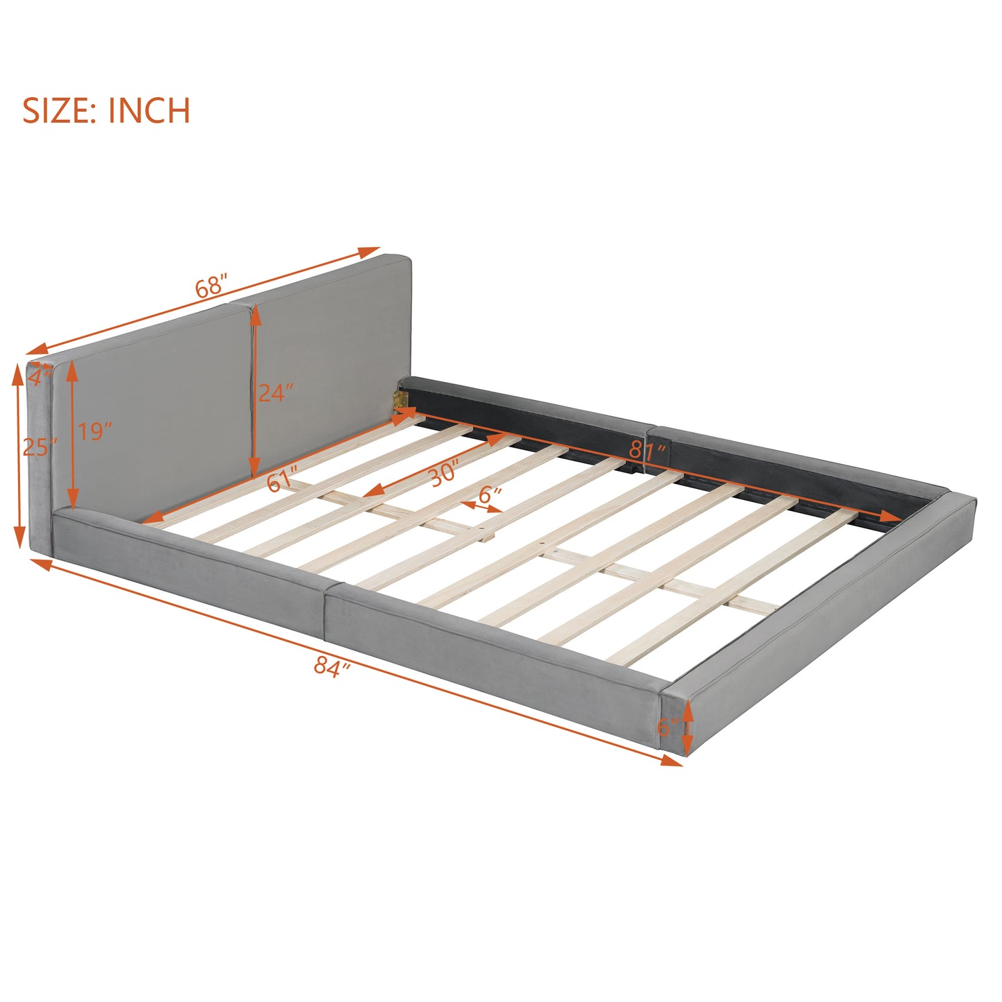 Gray velvet platform bed frame with upholstered headboard and wooden slats  L