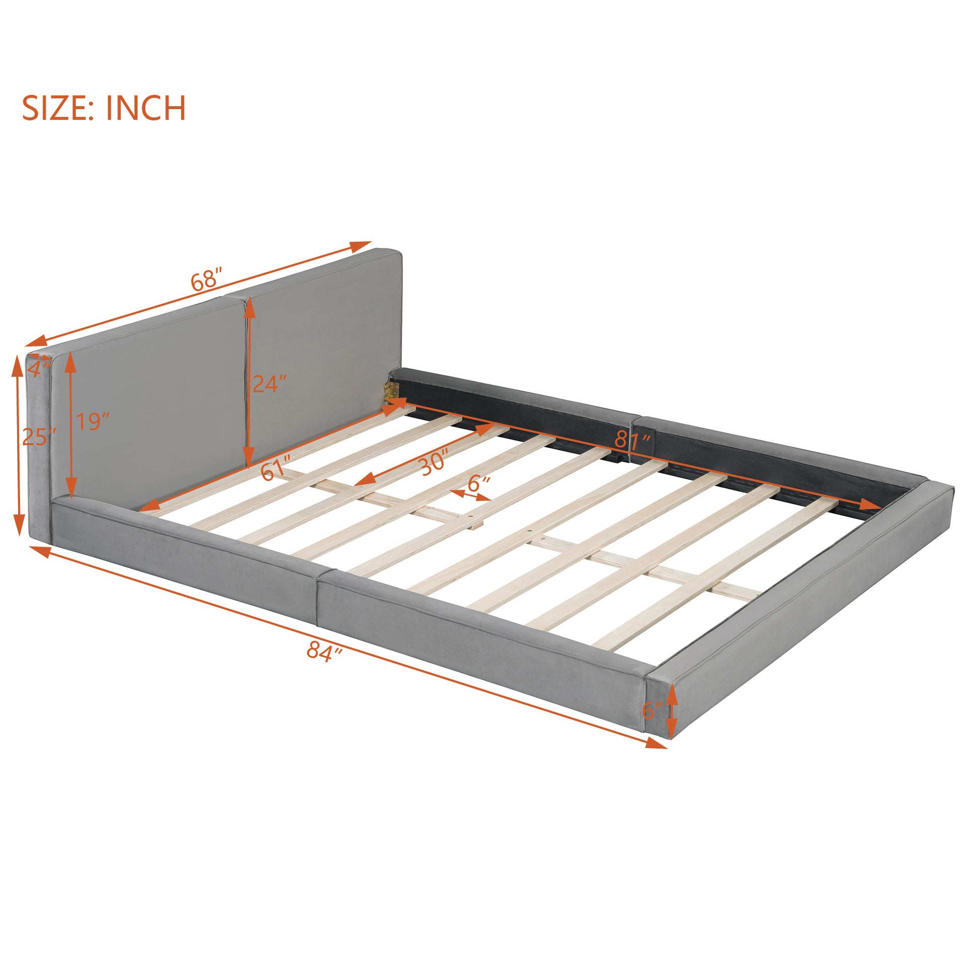 Gray velvet platform bed frame with upholstered headboard and wooden slats  L