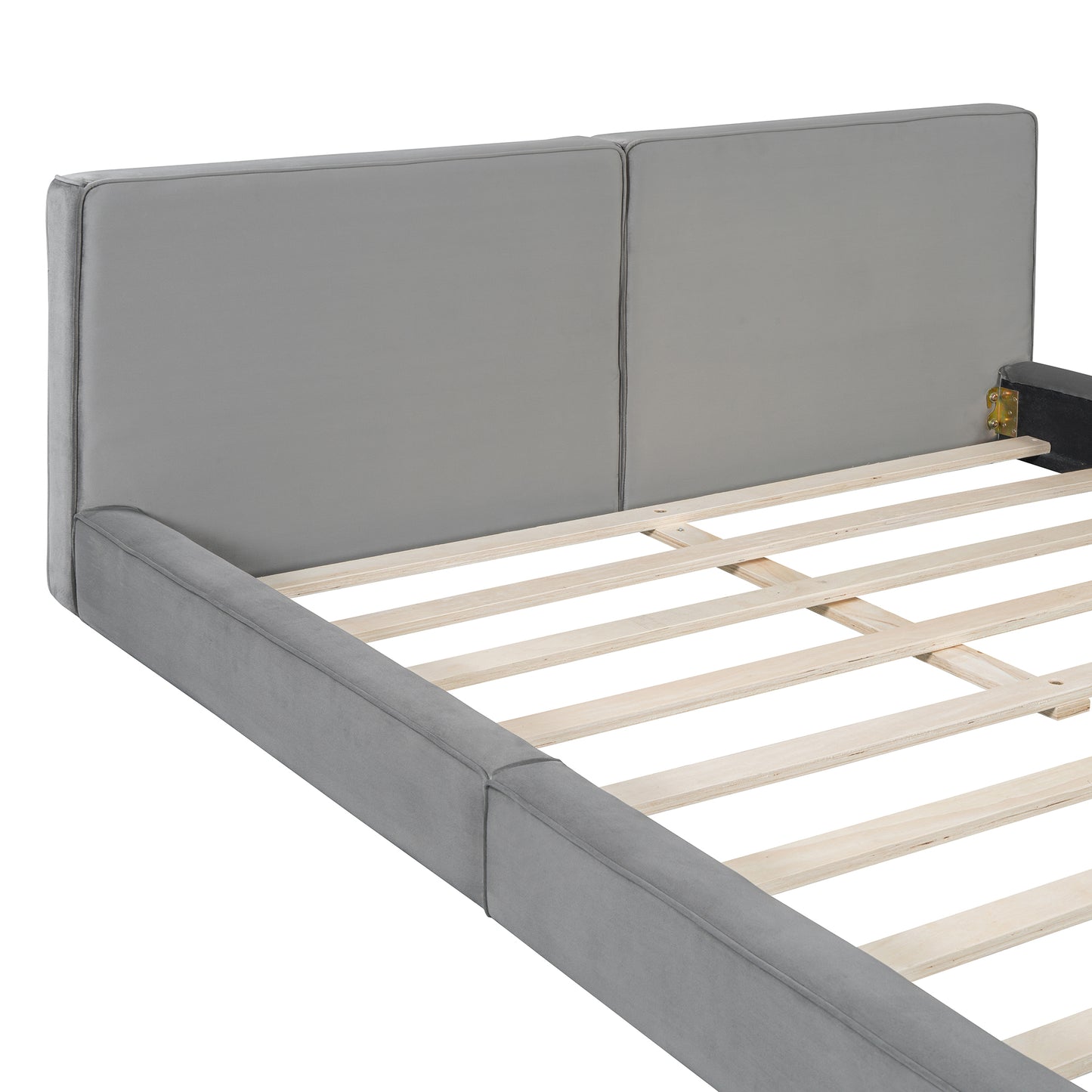 Gray upholstered modern platform bed frame with wooden slats