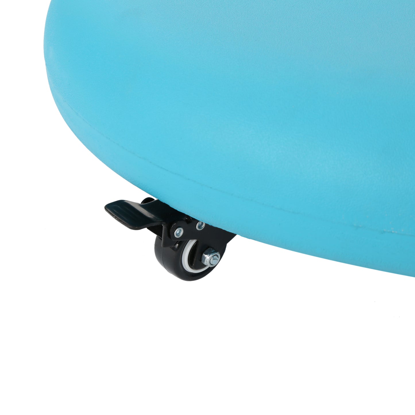 Closeup of a bright blue portable cooler with a black caster wheel attachment