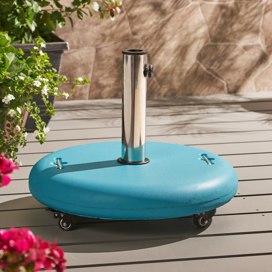 Turquoise patio umbrella base with silver pole and wheels for outdoor stability