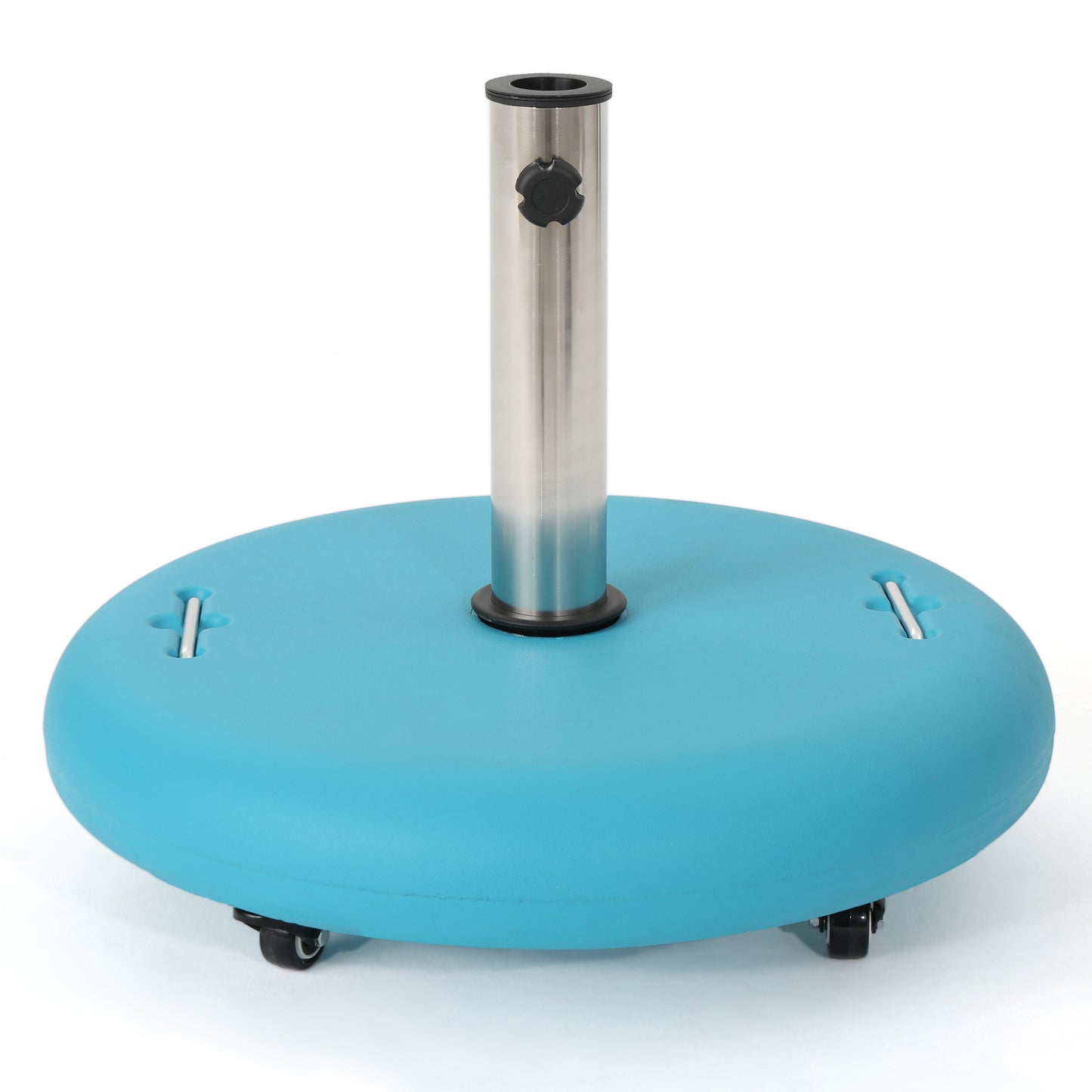 Teal outdoor umbrella base with stainless steel pole and black wheels for stability