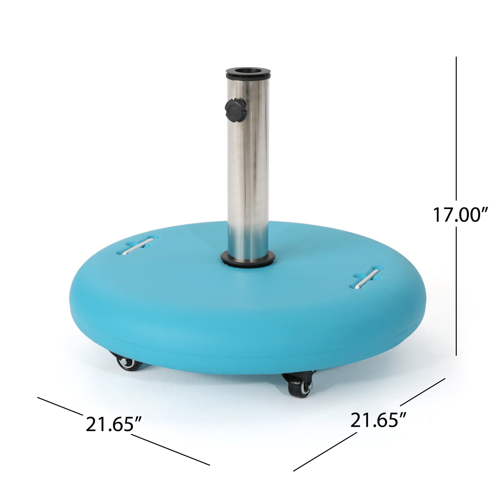 Teal rolling patio umbrella stand with a chrome pole and black knob