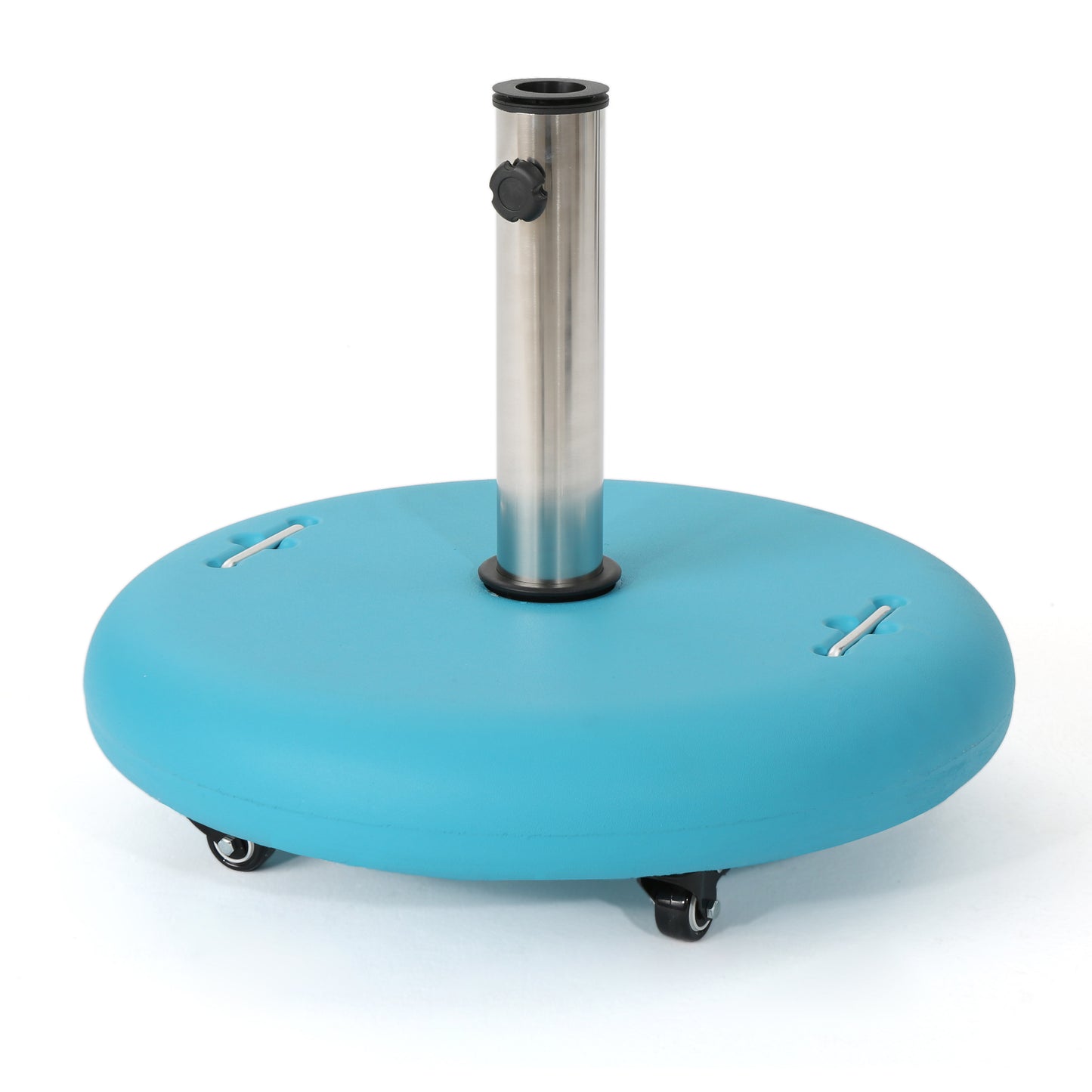 Turquoise patio umbrella base with silver pole and wheels for outdoor stability