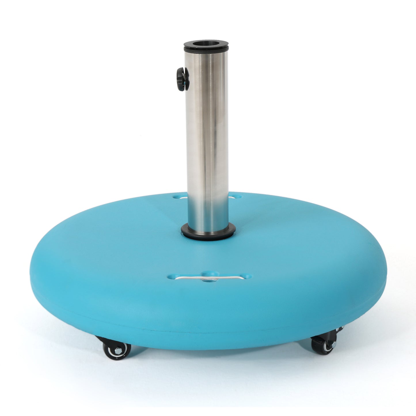 Blue wheeled patio umbrella base with silver pole and black knob