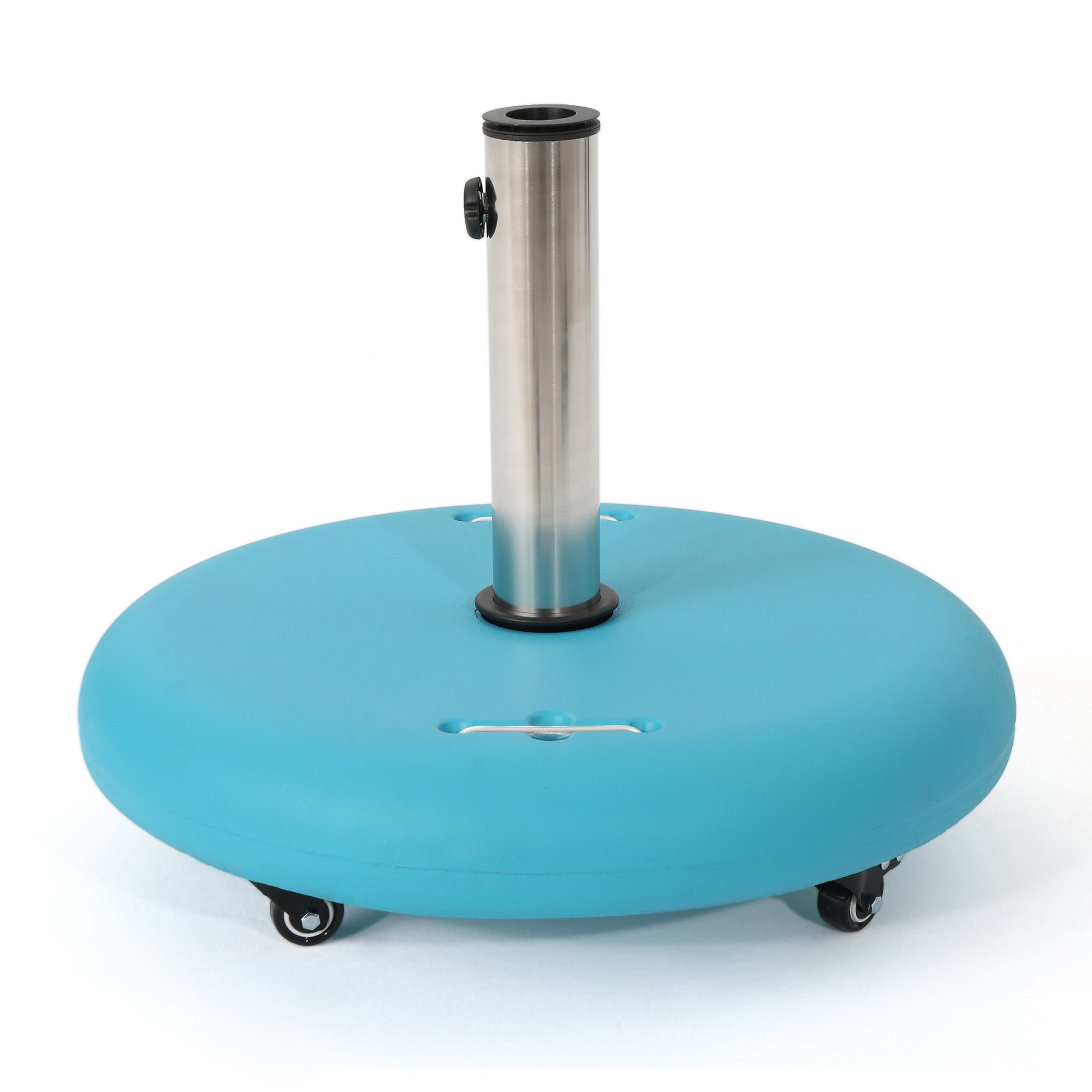 Blue wheeled patio umbrella base with silver pole and black knob