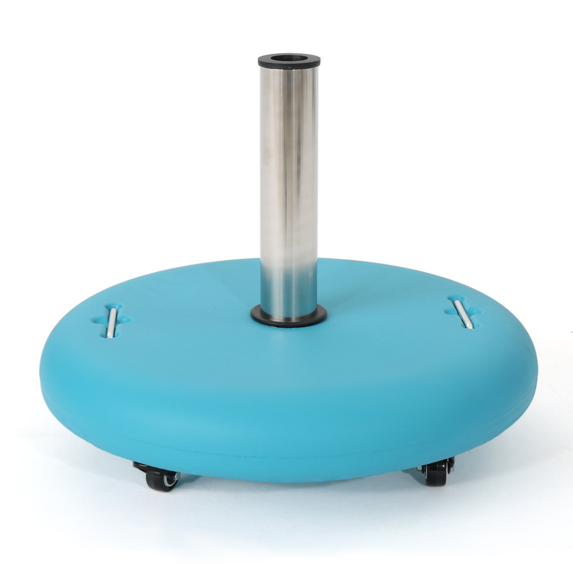 Turquoise outdoor umbrella base with silver pole and wheels