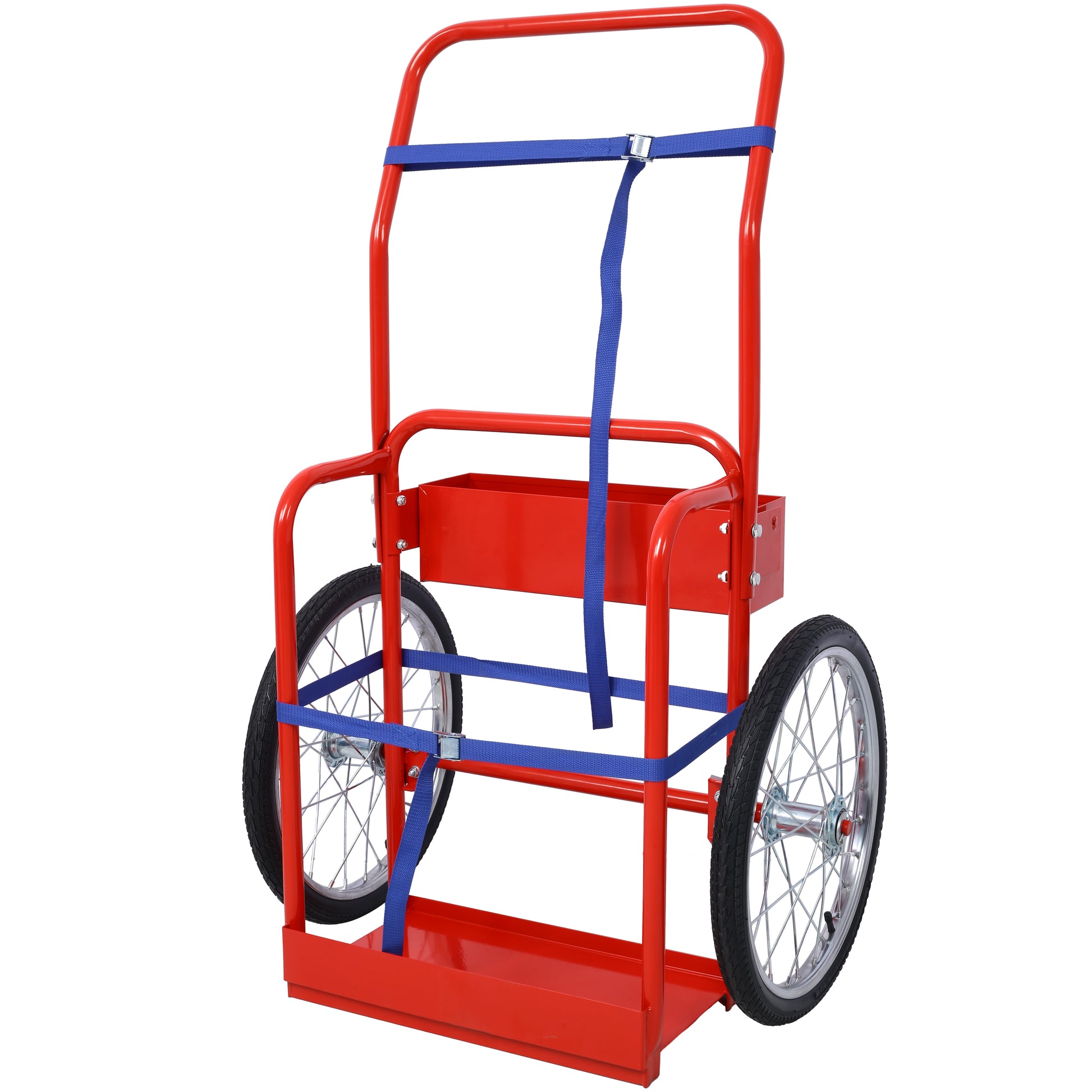 Red steel hand truck with blue securing straps and spoked wheels for moving heavy items