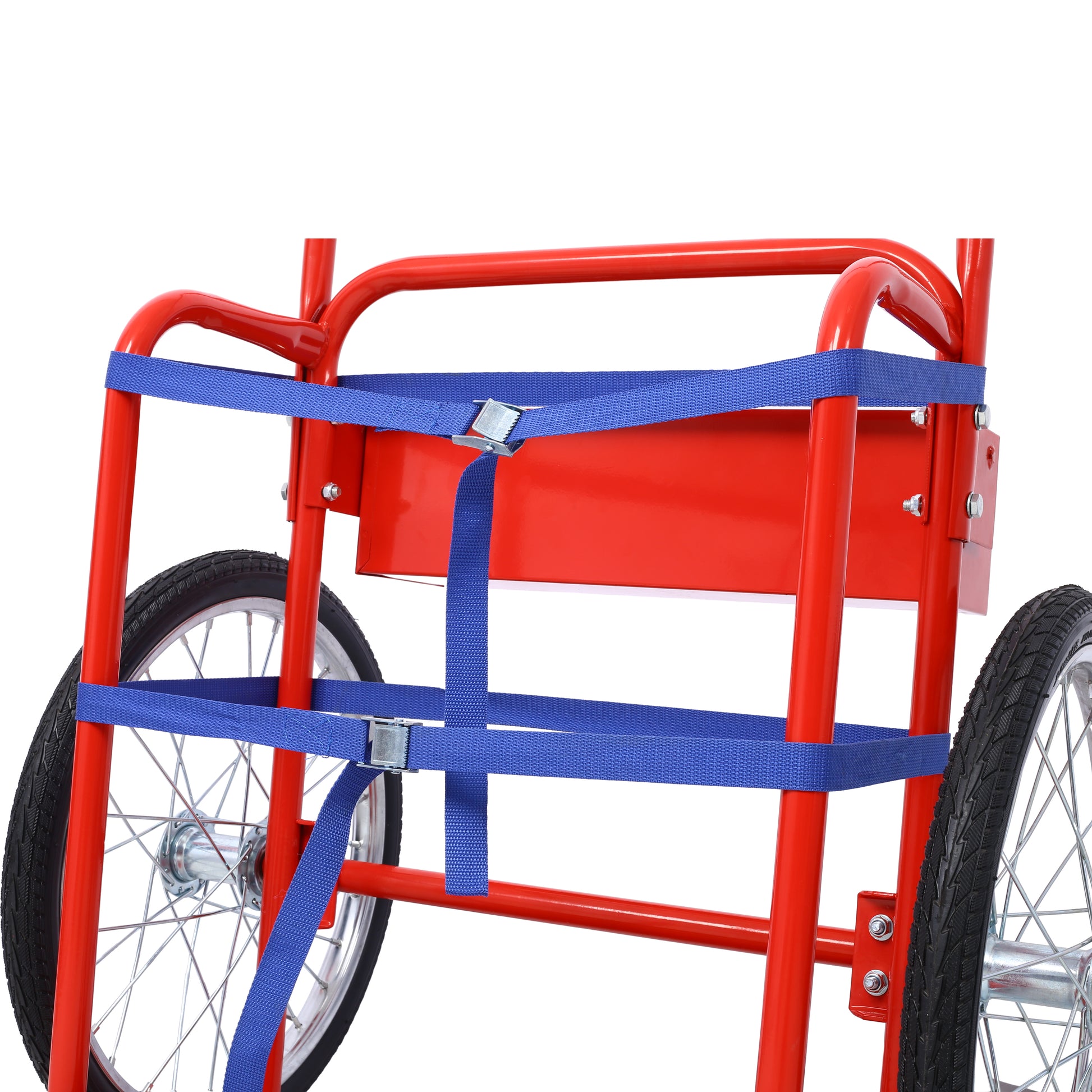 Red dolly with blue tiedown straps and spoked wheels for easy cargo transport