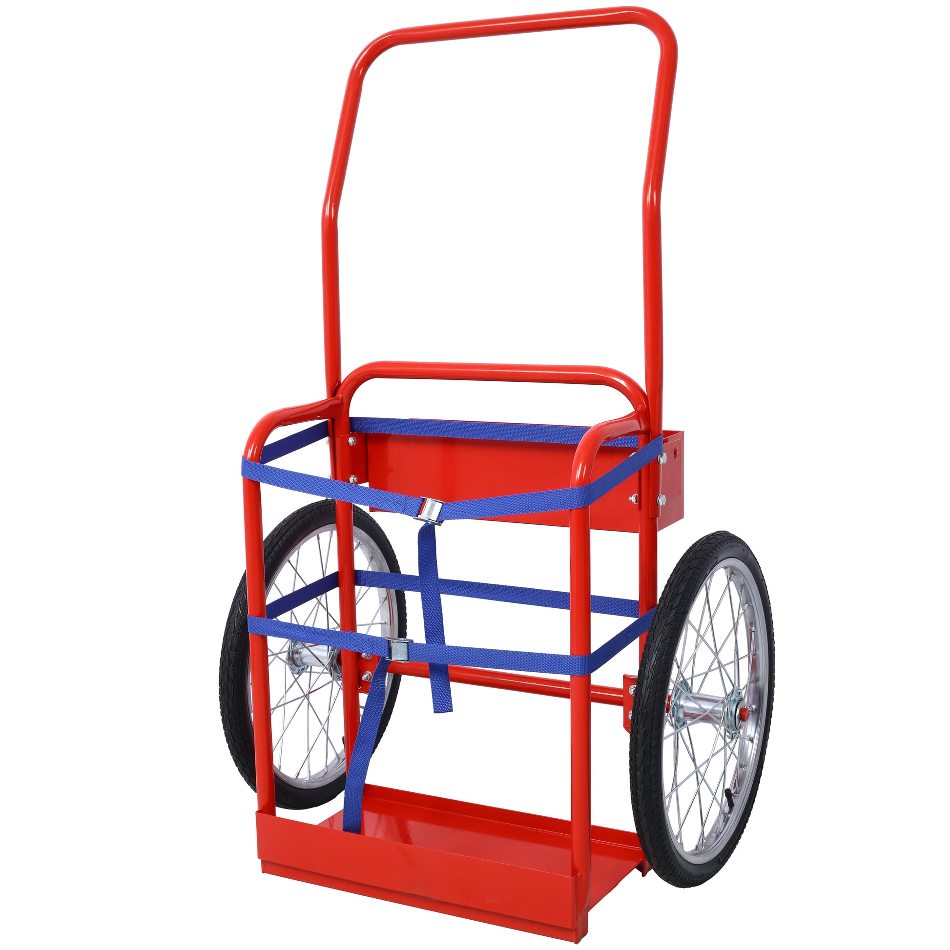 Red metal cylinder dolly with two spoked wheels and blue securing straps