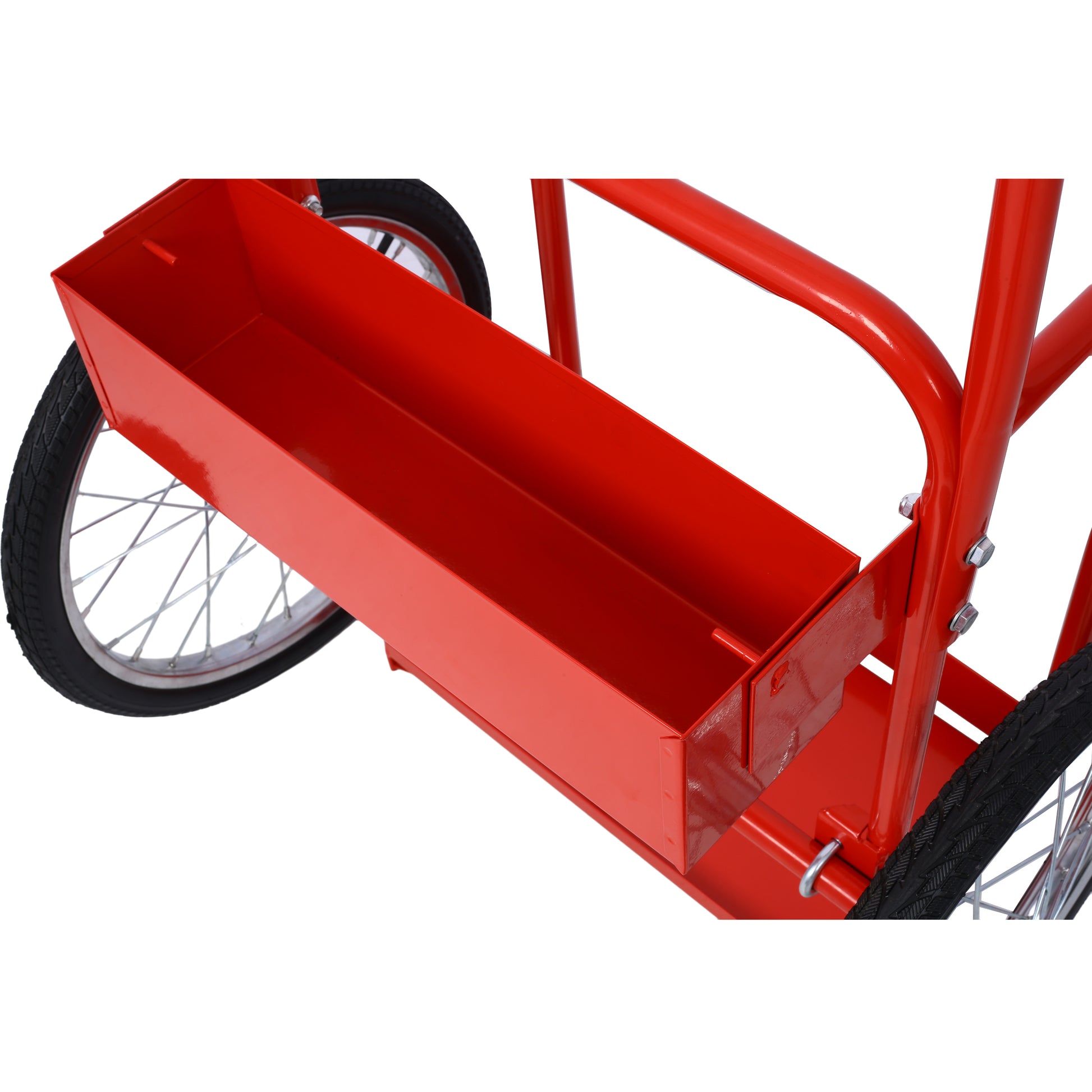 Red metal garden cart with large tray and sturdy wheels