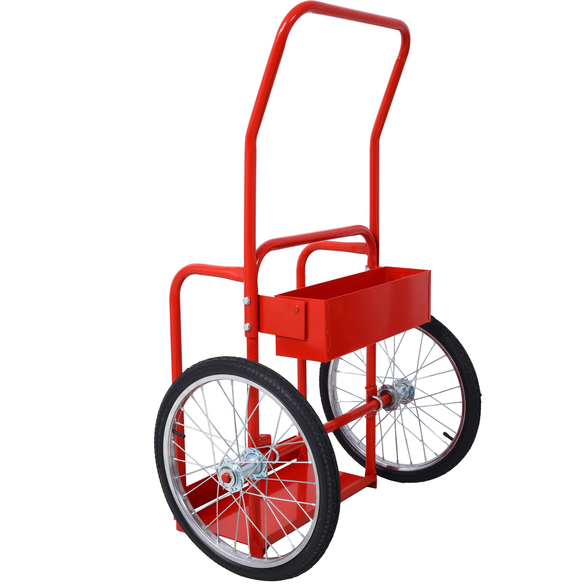 Red metal cart with large spoked wheels and a small storage tray for concessions