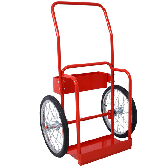 Red metal hand truck with two spoked wheels and a storage tray