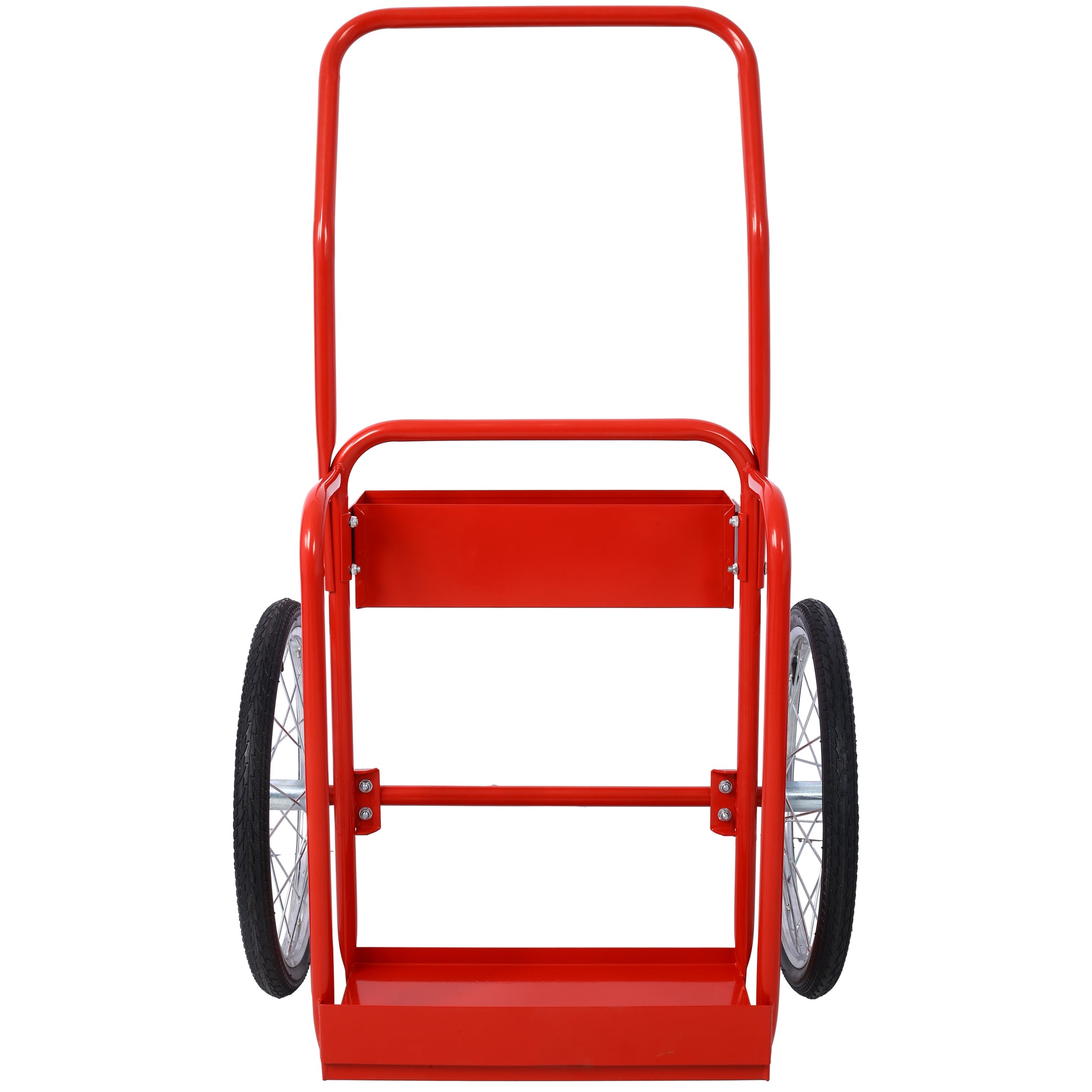 Red metal hand truck with pneumatic tires for easy transport
