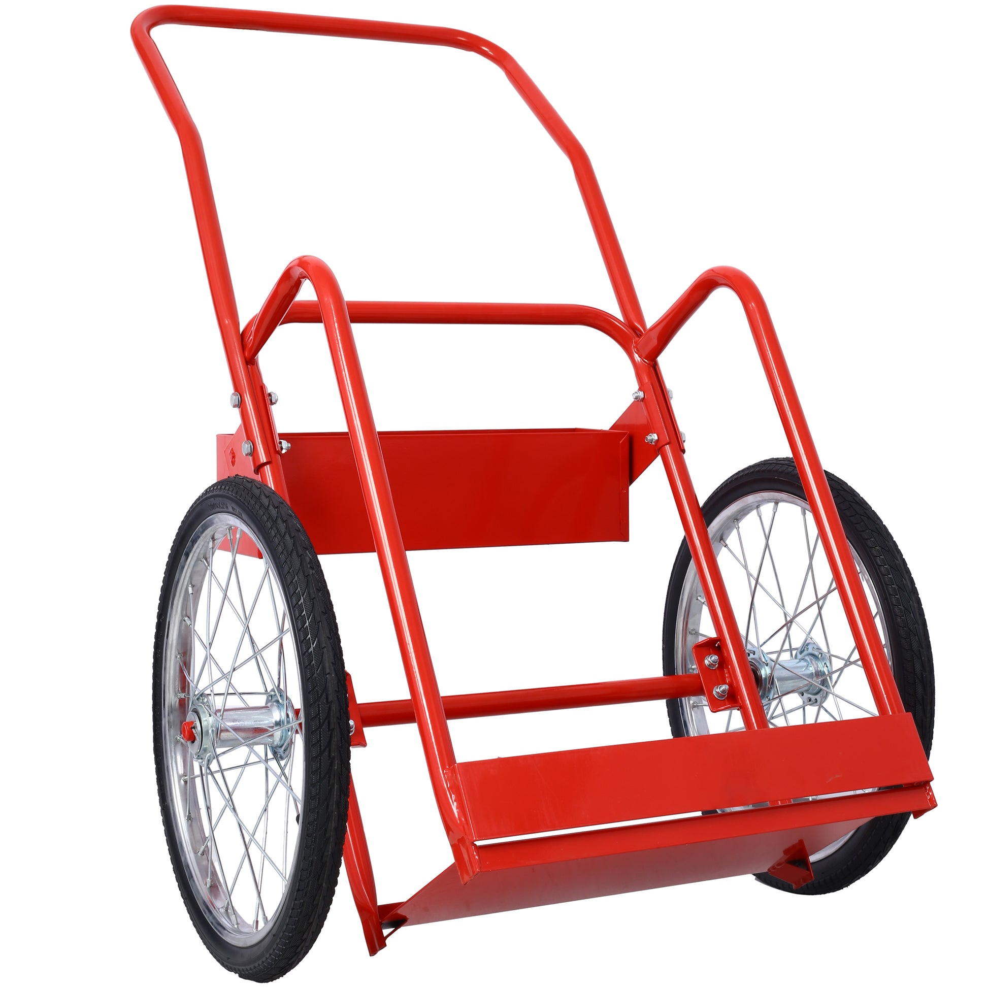 Red heavyduty garden cart with two spoked wheels for yard work