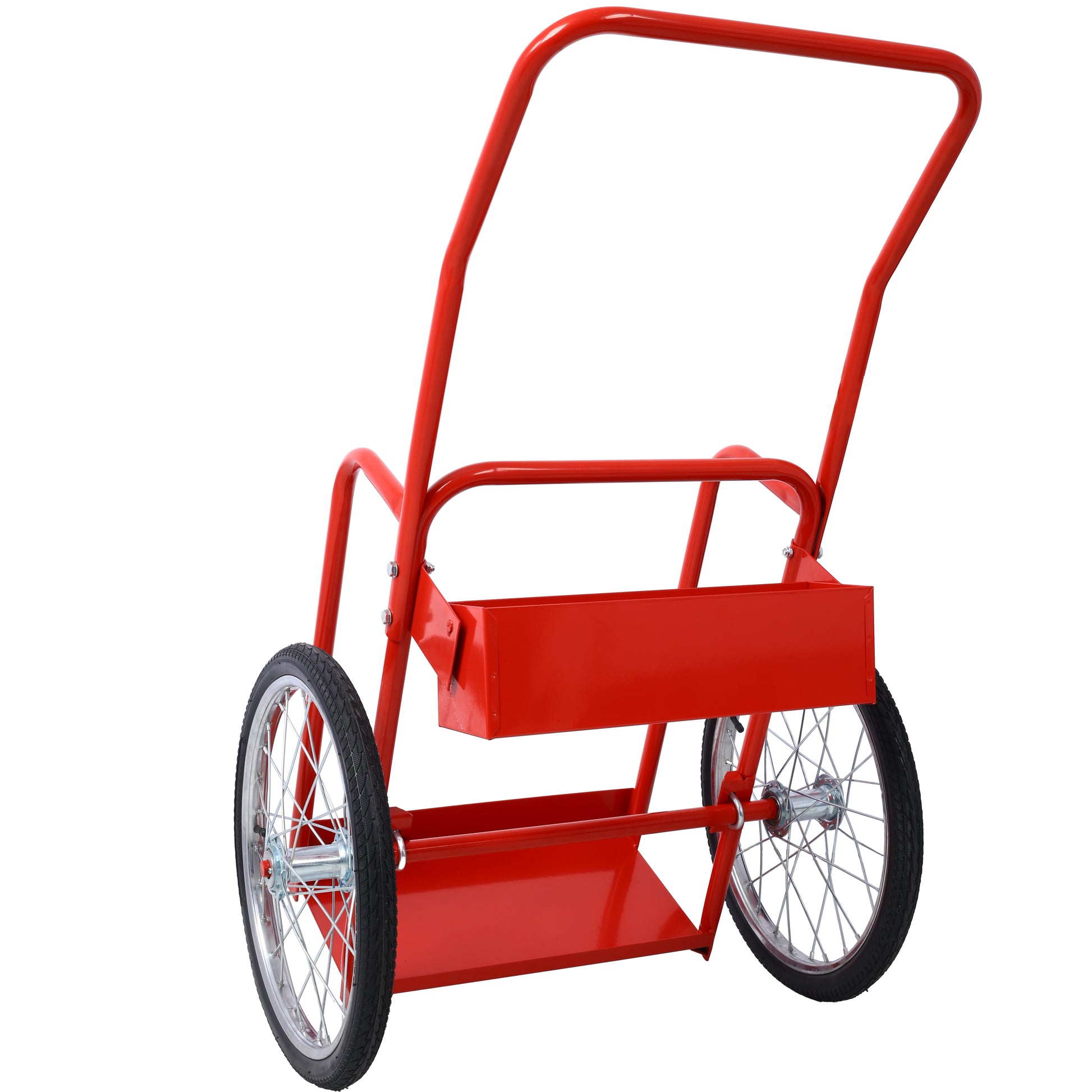 Red metal garden cart with large spoked wheels and carrying tray for yard work