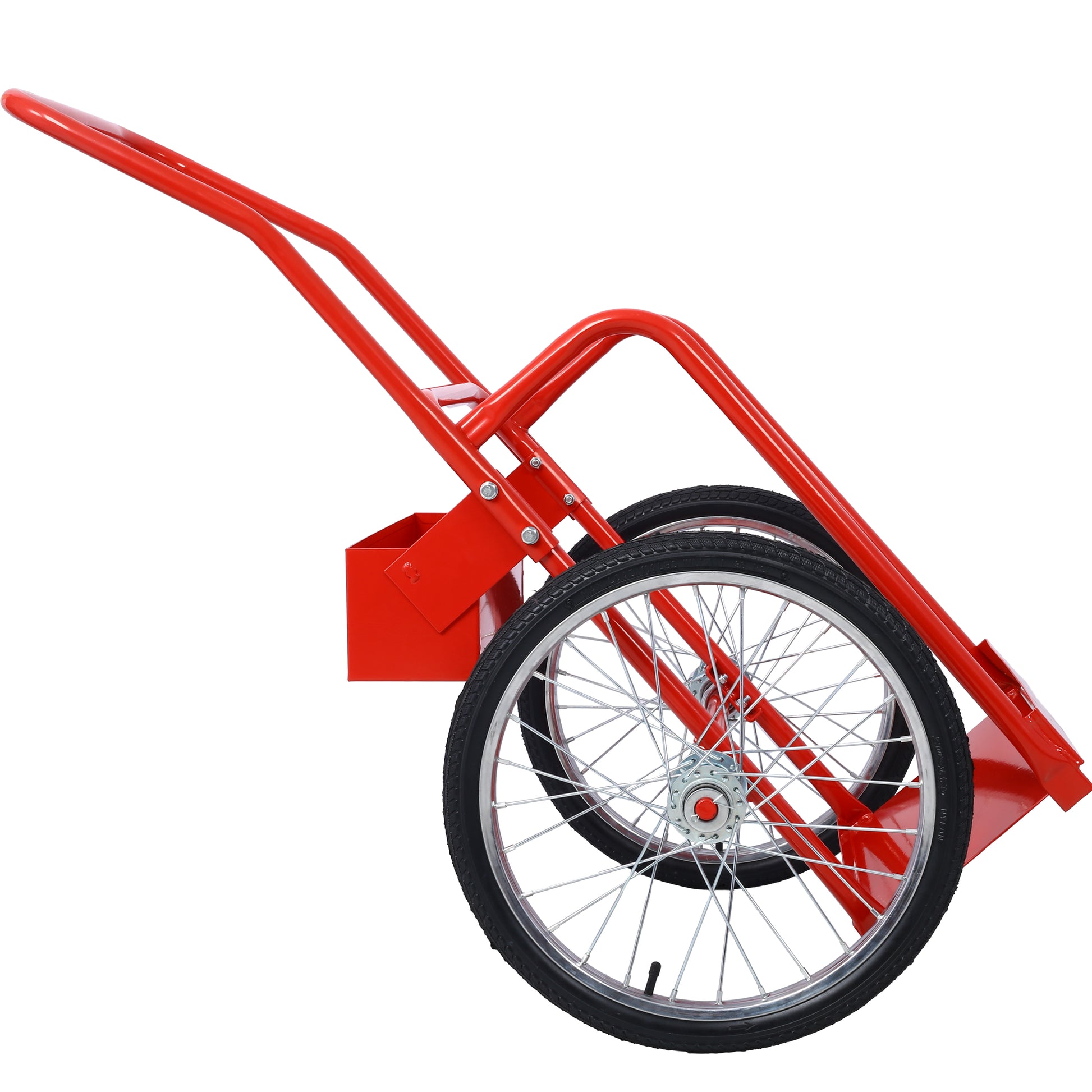 Red steel hand truck with large spoked wheels for easy transport