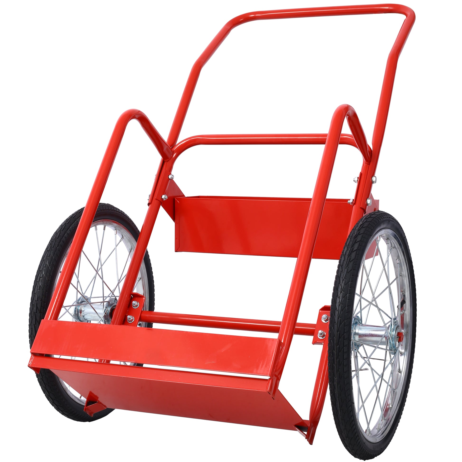 Red steel hand truck with two spoked wheels and a flat cargo bed for moving