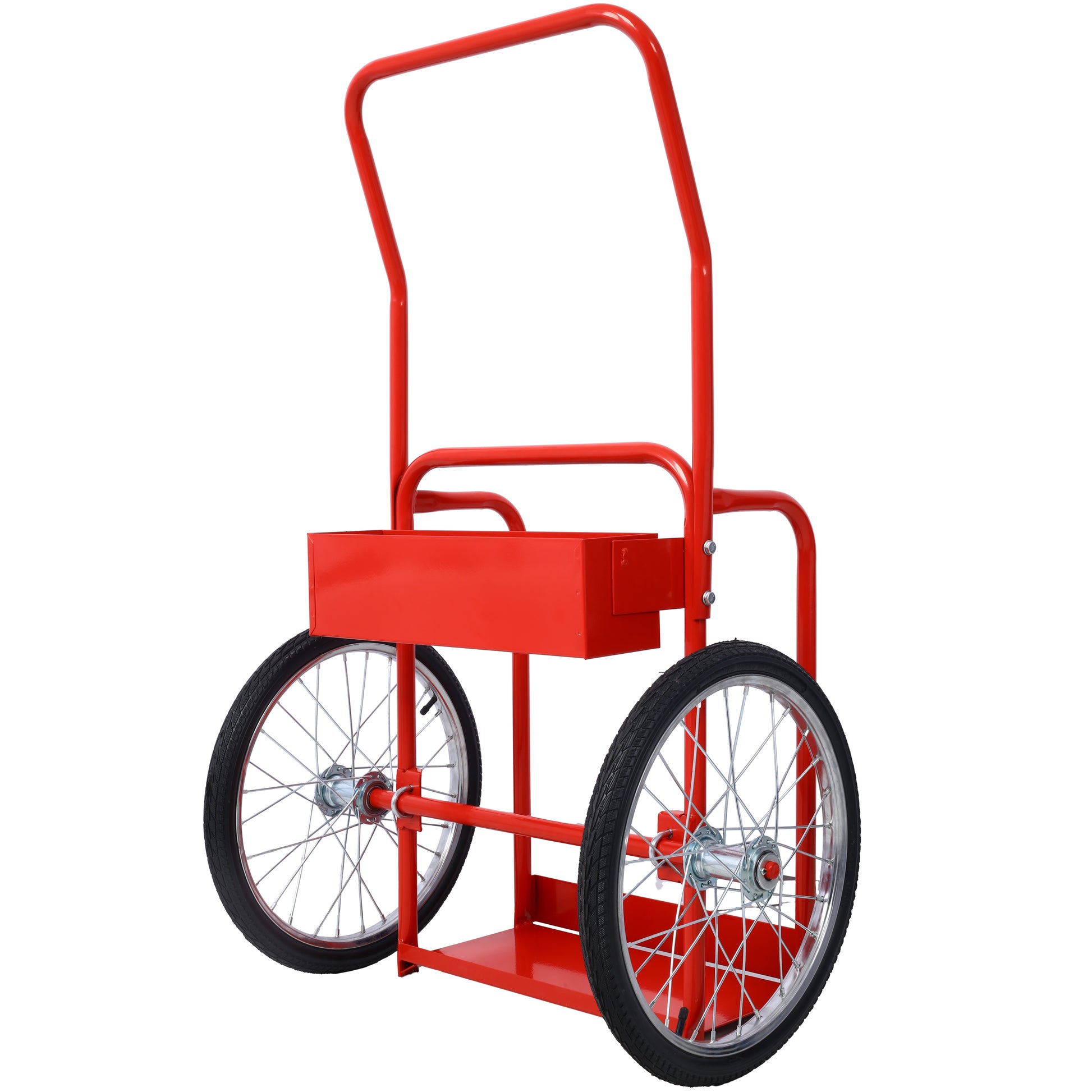 Red metal cart with two spoked wheels ideal for event material handling