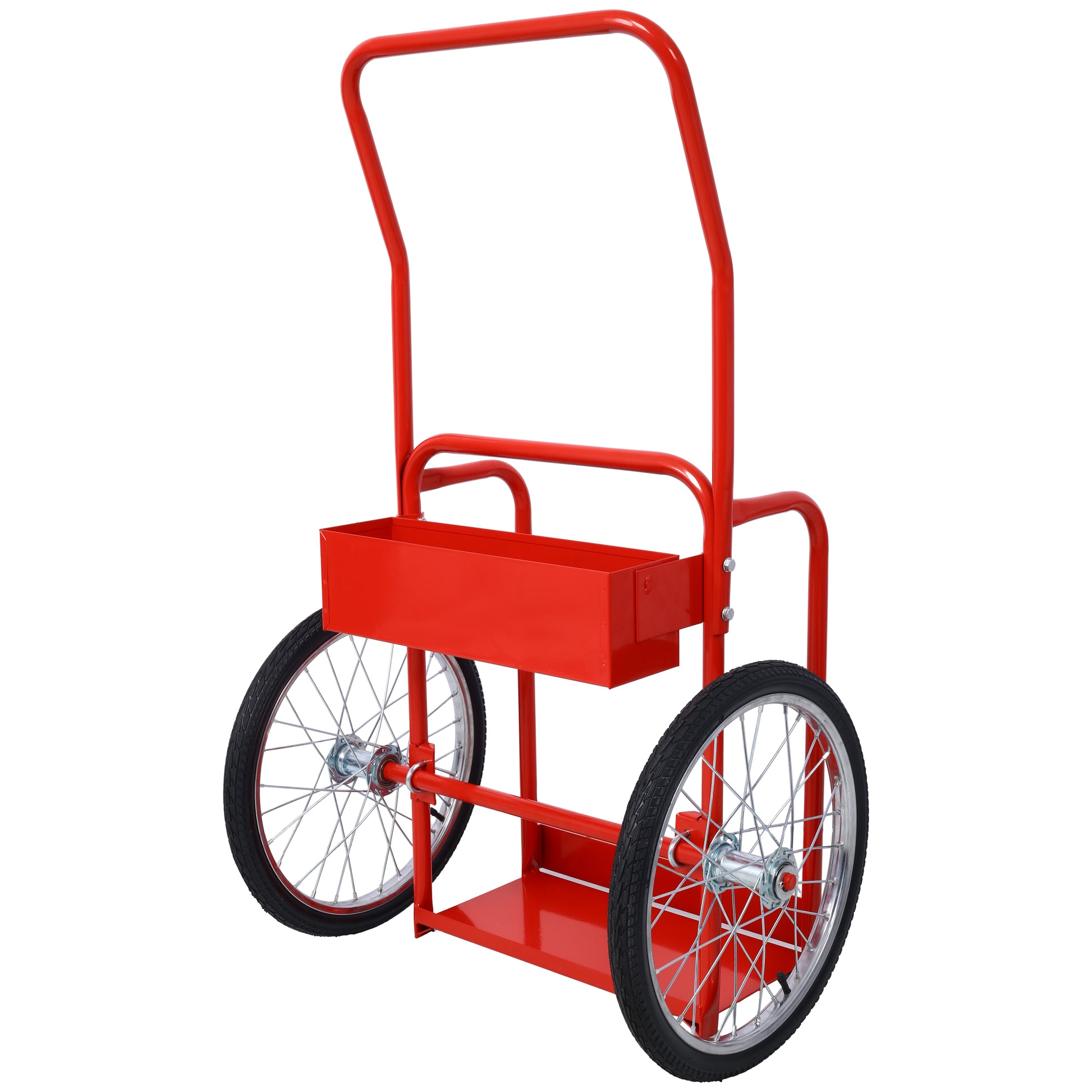 Red metal utility cart with two wheels perfect for garden tasks